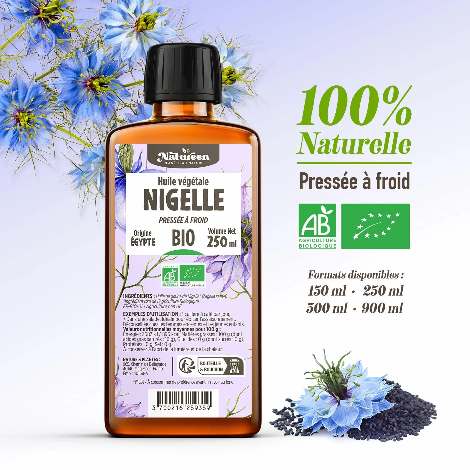 Huile de NIGELLE Bio 150 ml Planète au Naturel Pure Pressée à froid Alimentaire Cheveux Corps Ongles