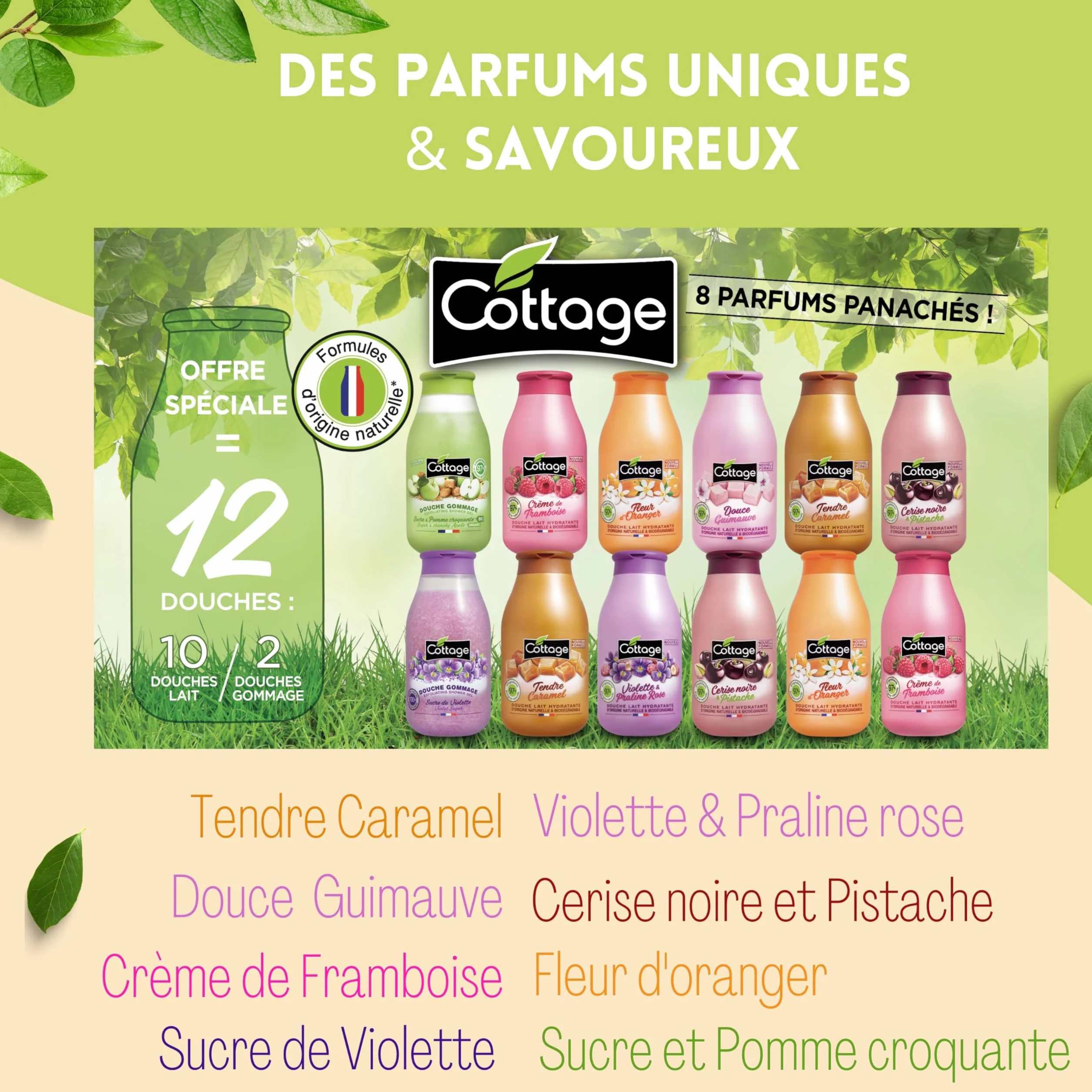 Cottage - offre spéciale lot de 12 gels douches -10 Douches Lait Hydratantes 250 ml + 2 douches Gommage 270 ml - Fabriqué en France