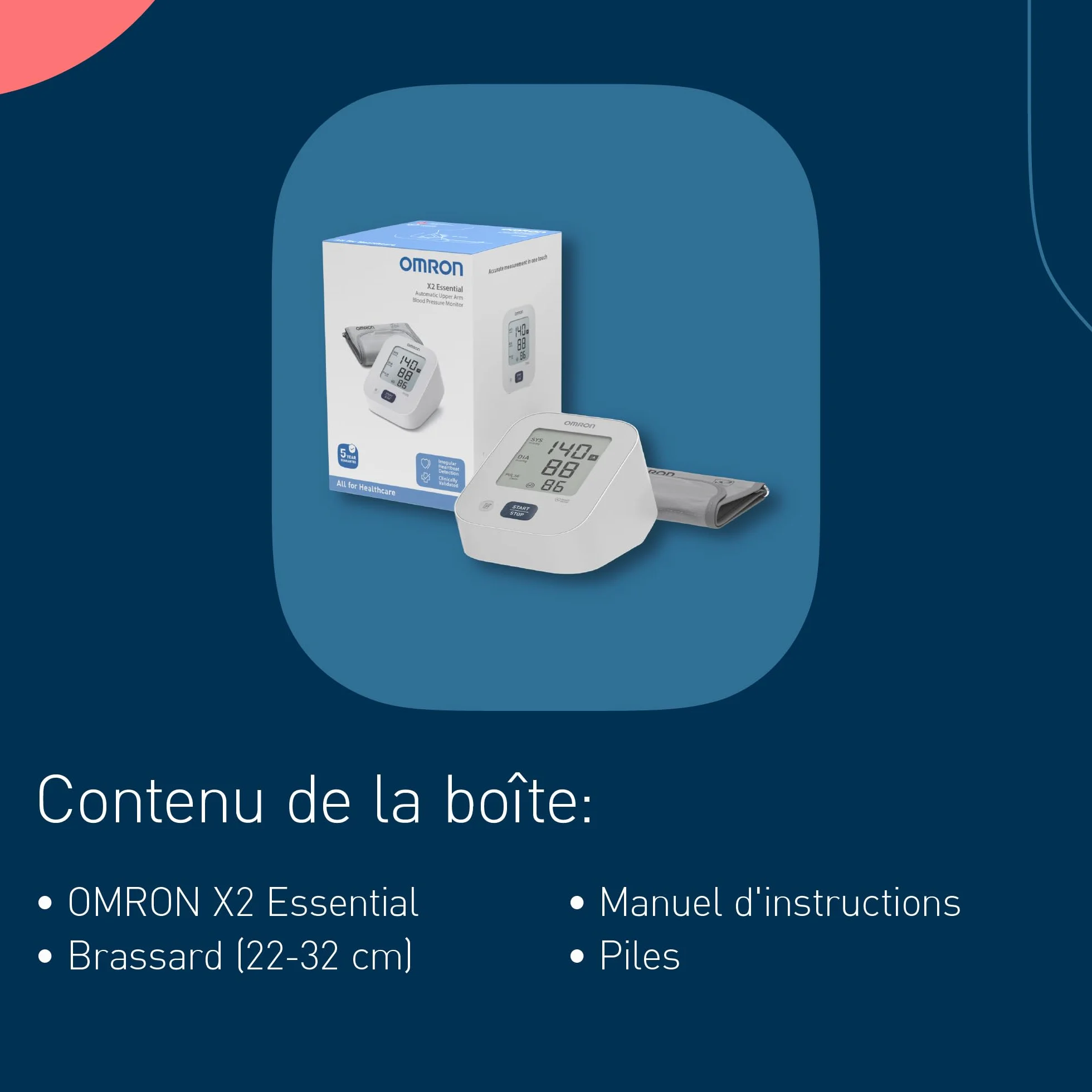 OMRON X2 Essential Tensiomètre bras automatique brassard validé cliniquement détection pulsation cardiaque irrégulière