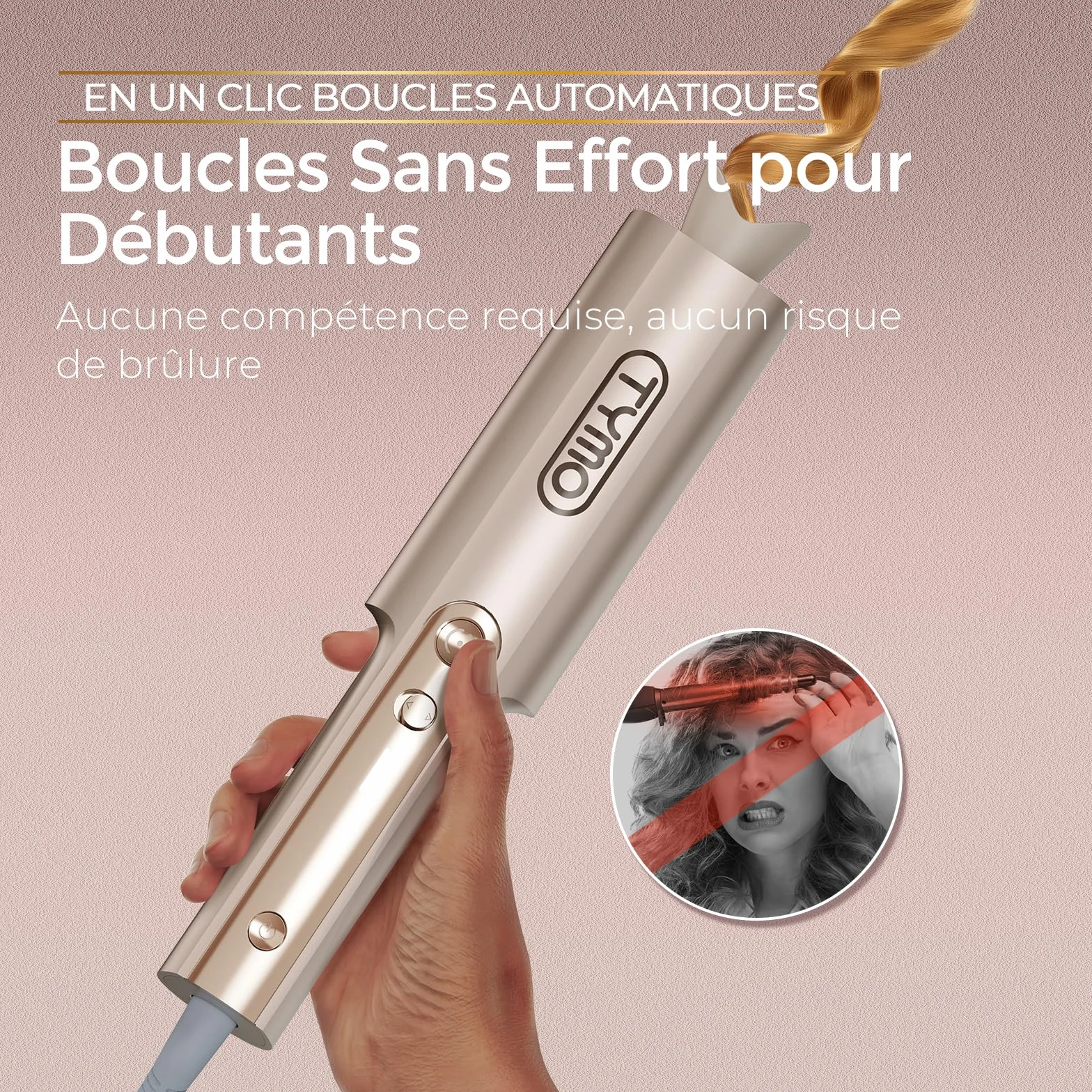 TYMO Curlpro Plus Fer à Friser Automatique Grandes Boucles 25 mm Cheveux Longs Anti-Brûlure Or