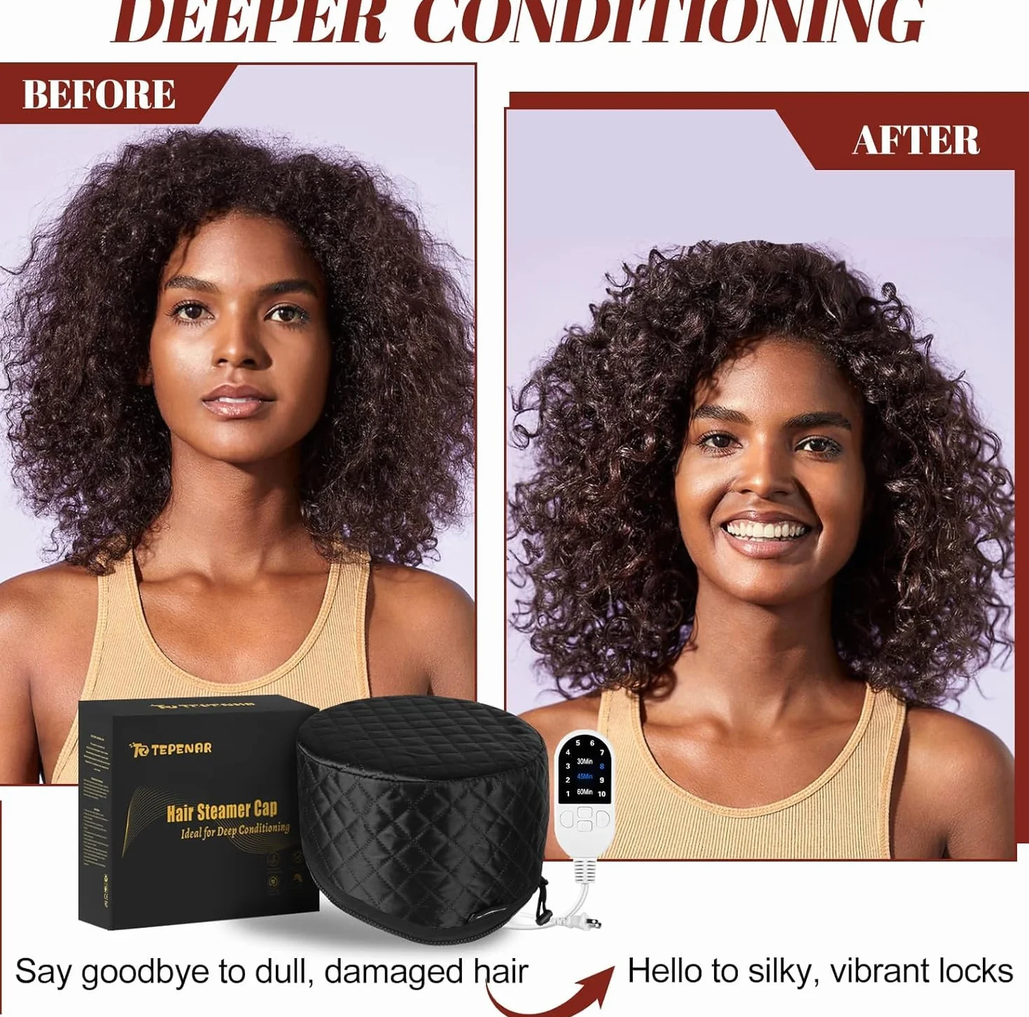 TEPENAR Bonnet vapeur professionnel avec 10 niveaux de chauffage et 3 minuteries - Capuchon chauffant électrique pour soins intensifs des cheveux naturels et afro - Hotte chaude portable pour la