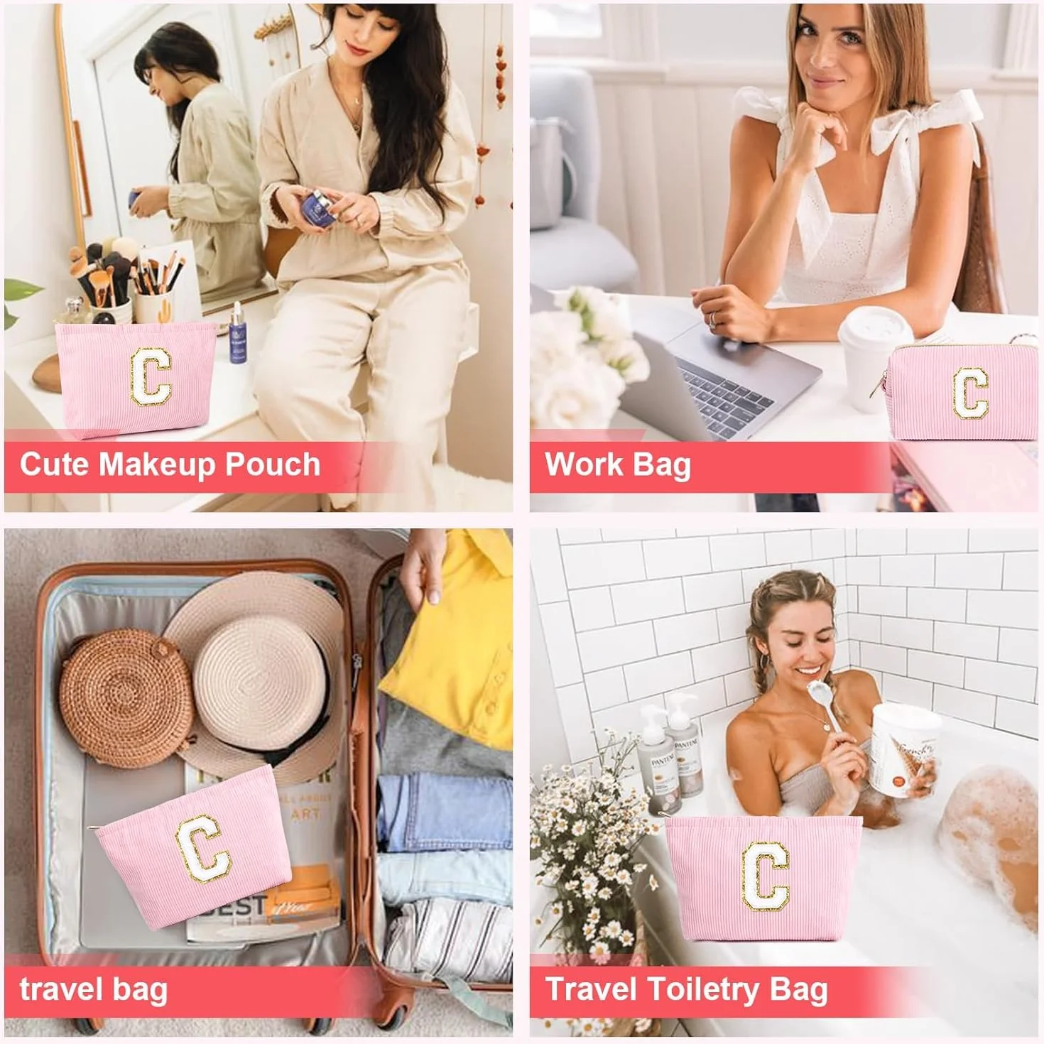 Pochette Cosmétique Rose en Velours Côtelé avec Initiales, Sac à Cosmétiques Grande Capacité Trousse de Toilette de Voyage pour Femmes Filles Cadeaux
