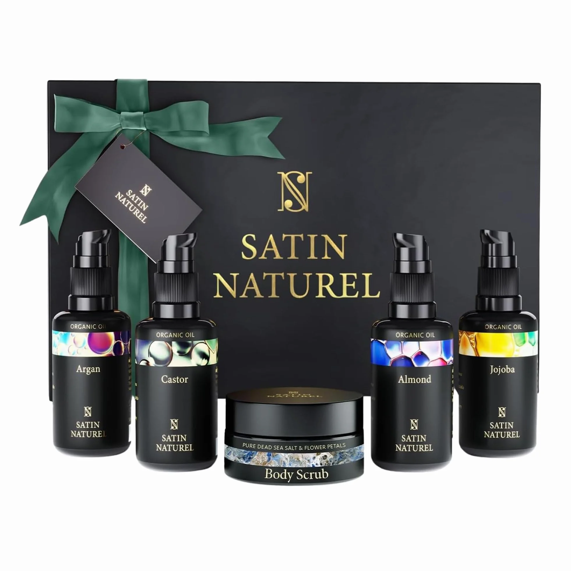 Satin Naturel Coffret Beauté 5x30ml – Huile d’Argan, Ricin, Amande & Jojoba & Gommage Corps – Coffret Cadeau Femme – Idée Cadeau Naturelle