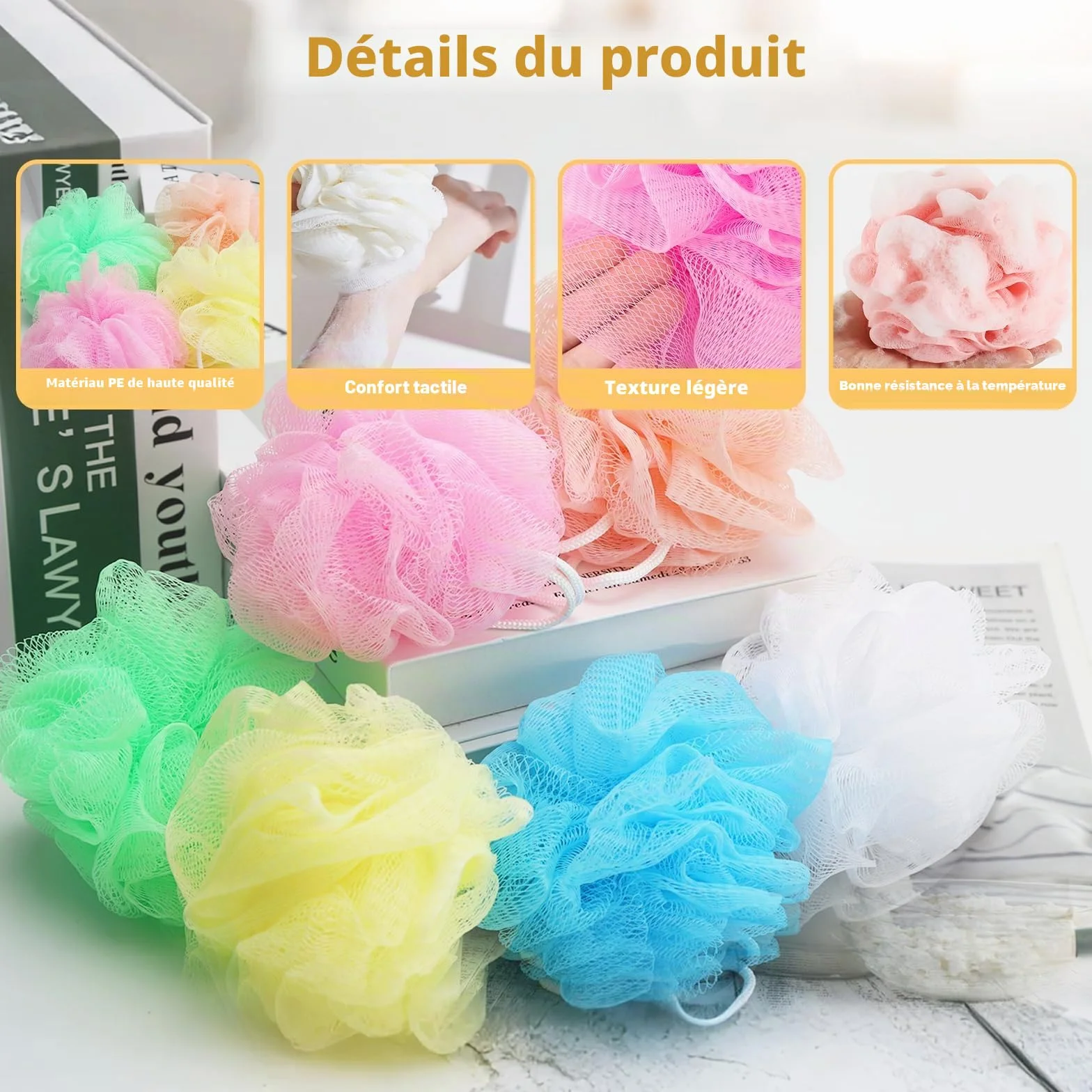 Lot de 6 Éponge de Douche Douce Durable Fleur Lavable Maille Massage Corps Nettoyage Exfoliation avec Crochet