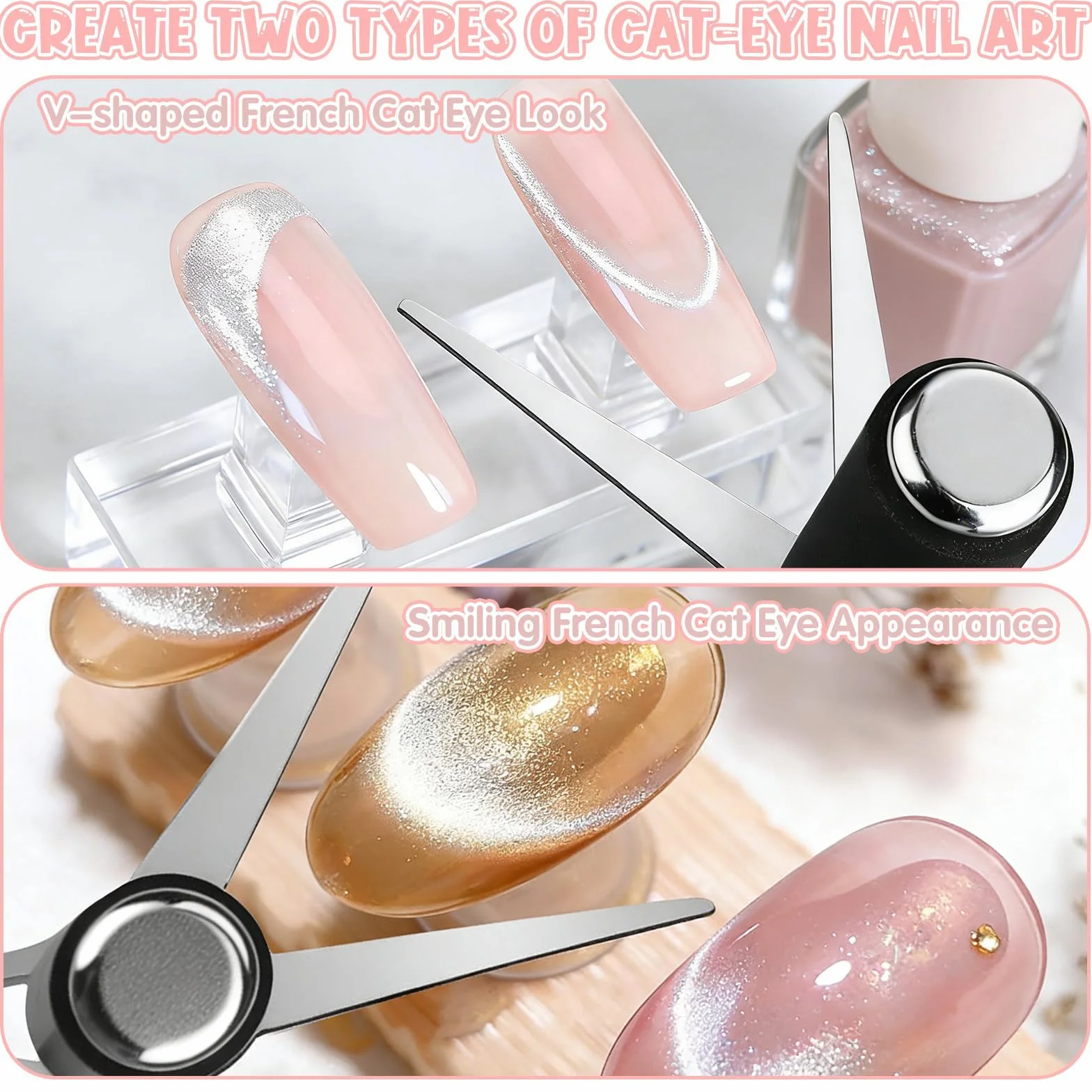 Kit de 8 aimants French Cat Eye, kit de nail art 3 en 1 avec ciseaux et aimants cylindriques pour vernis gel