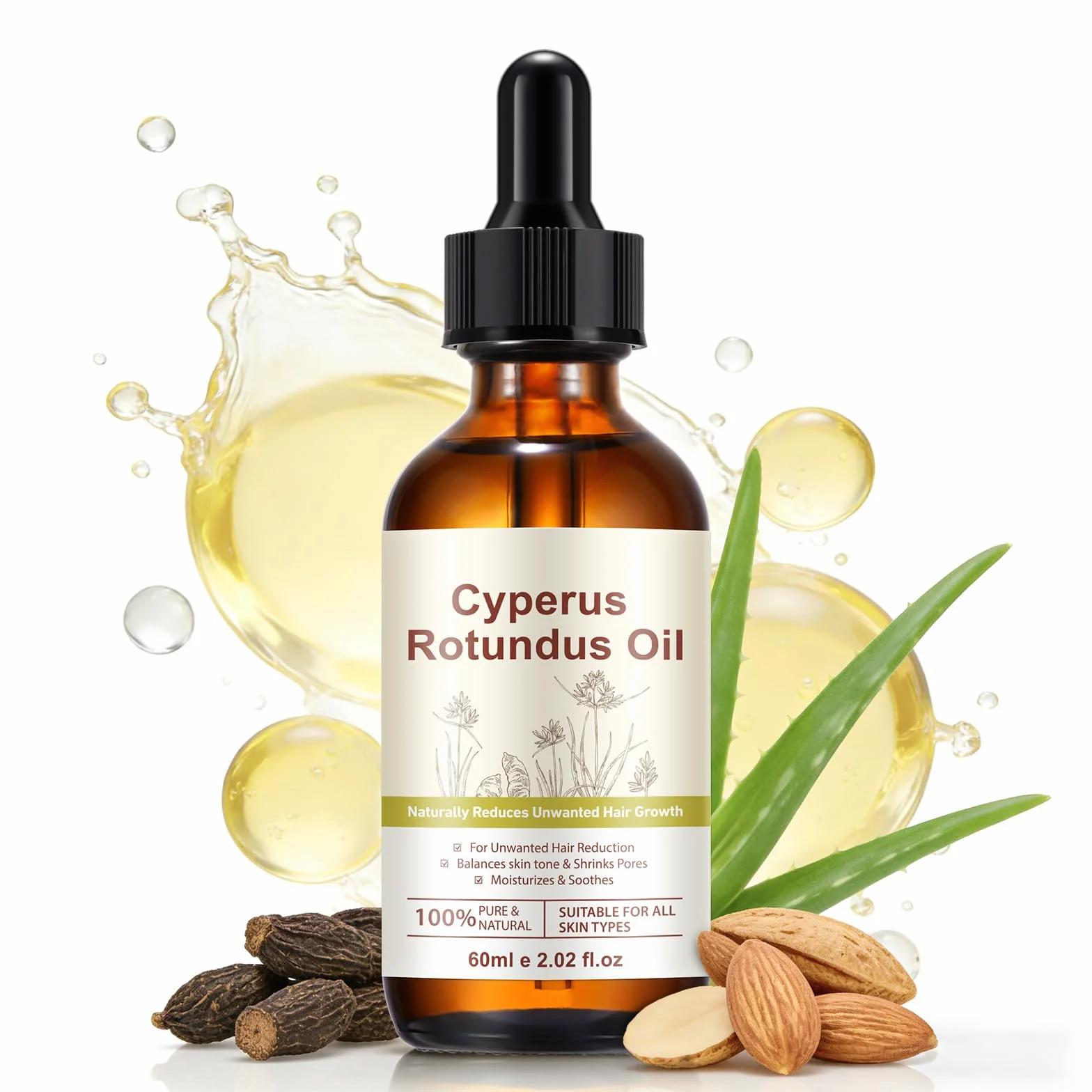 Huile Cyperus Rotundus Naturelle pour Épilation, Réduit la Croissance des Poils, Resserre les Pores, Hydrate la Peau (1 Pièce)