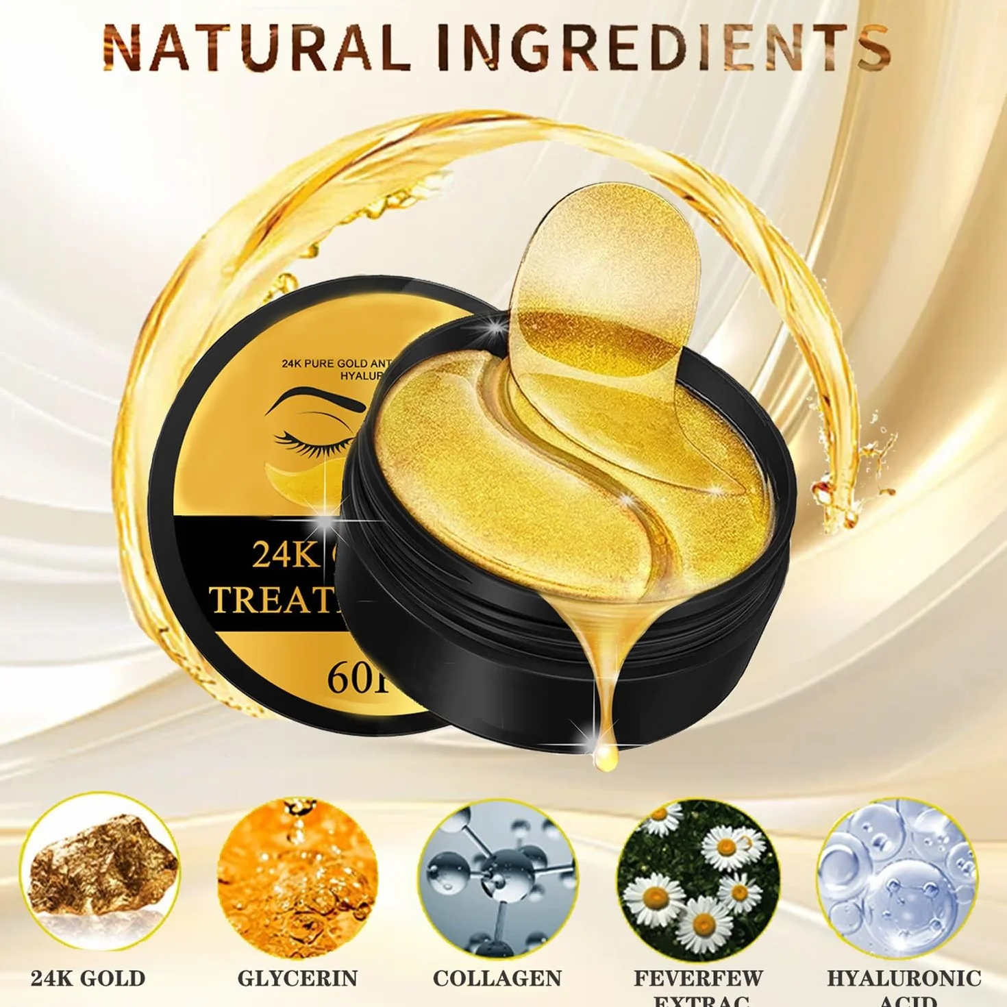 Masque pour les yeux en or 24 carats, patchs de gel sous les yeux, 30 paires (60 pièces)