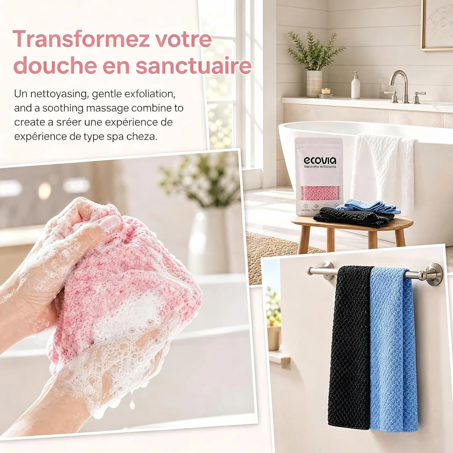 Ecovia Serviette Exfoliante Douche – Exfoliation Douce, Séchage Rapide, Usage Quotidien