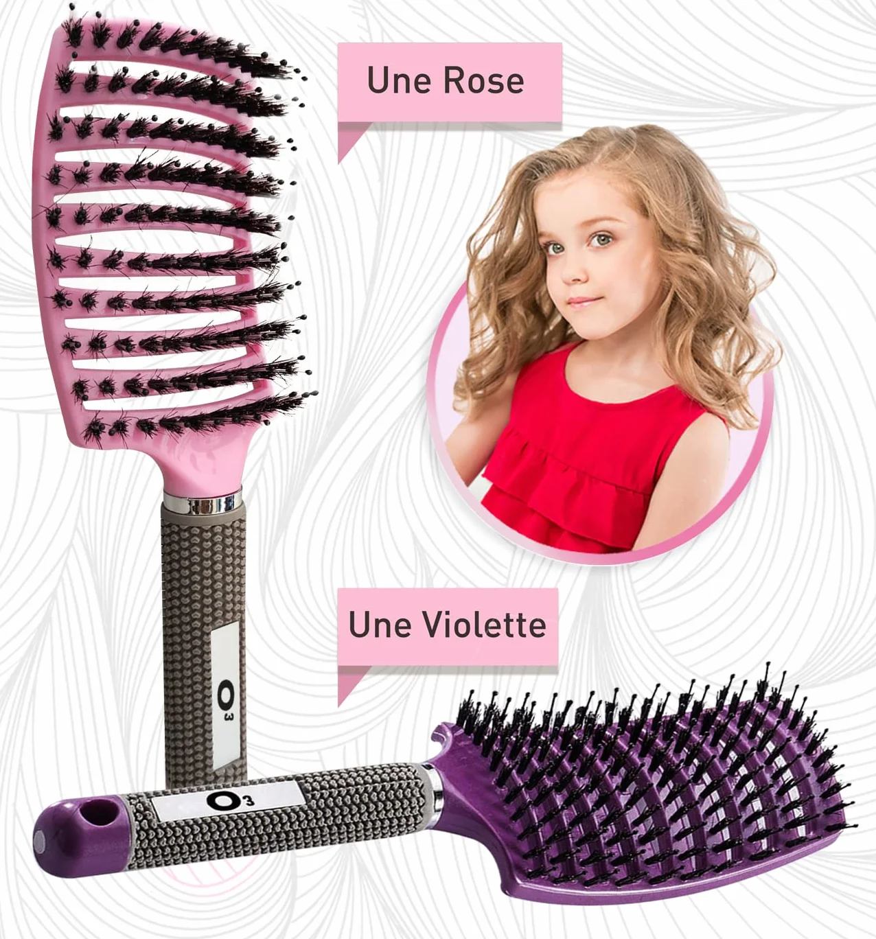 Brosses à Cheveux en Poils de Sanglier Démélant Naturel Set Rose et Violette