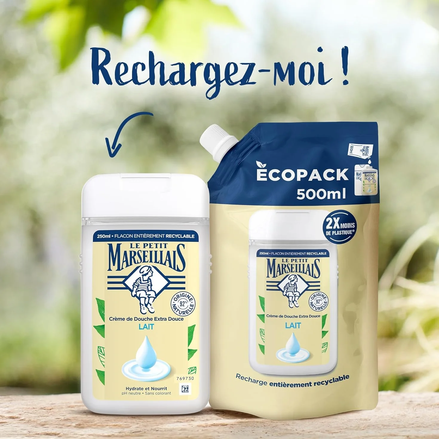 Le Petit Marseillais Recharge Crème de Douche Extra Douce Lait 500 ml – Gel Douche 92% Ingrédients Naturels pH Neutre