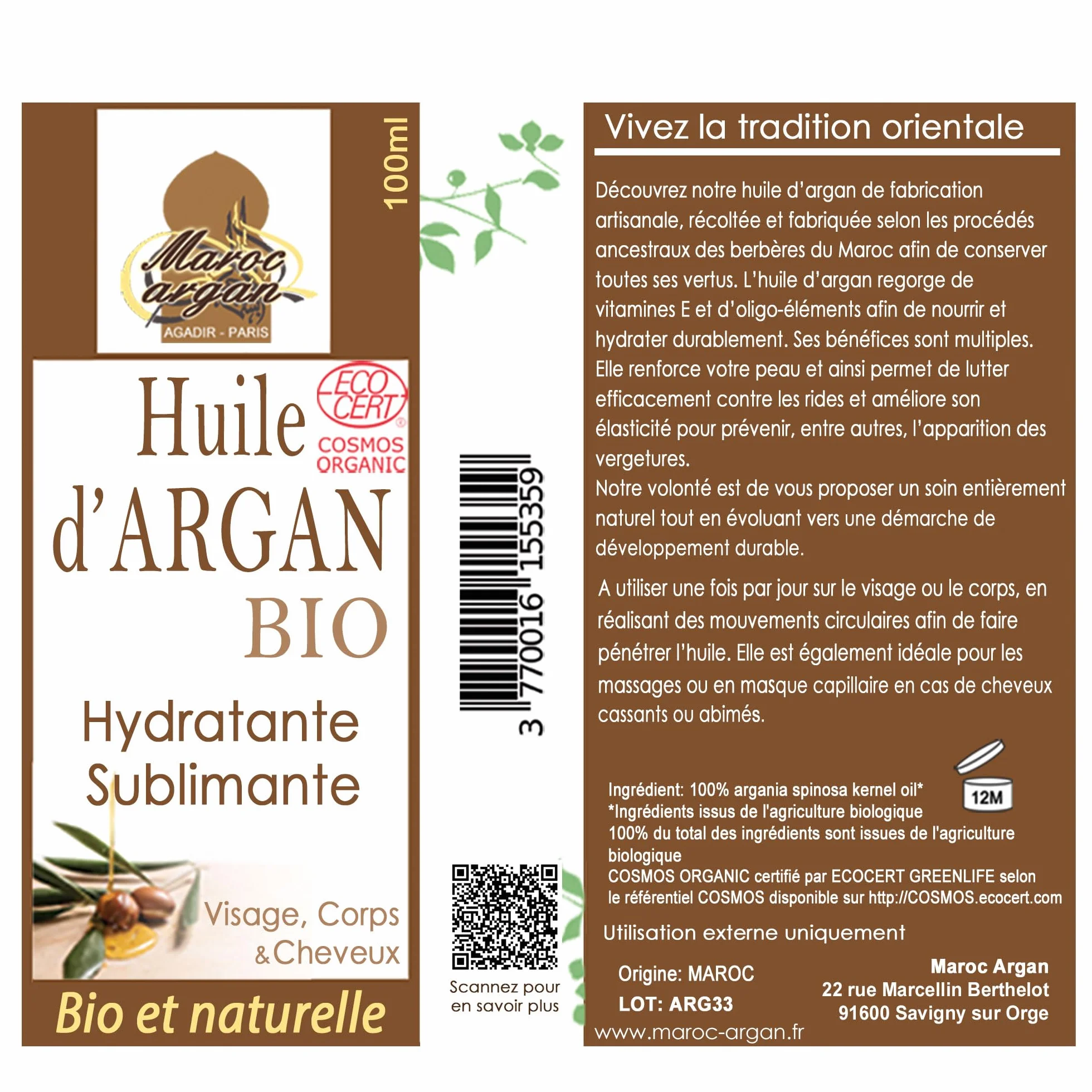 Huile d'Argan BIO Certifiée ECOCERT 100% Pure 100ml Anti-rides Nourrissante Pressée à froid