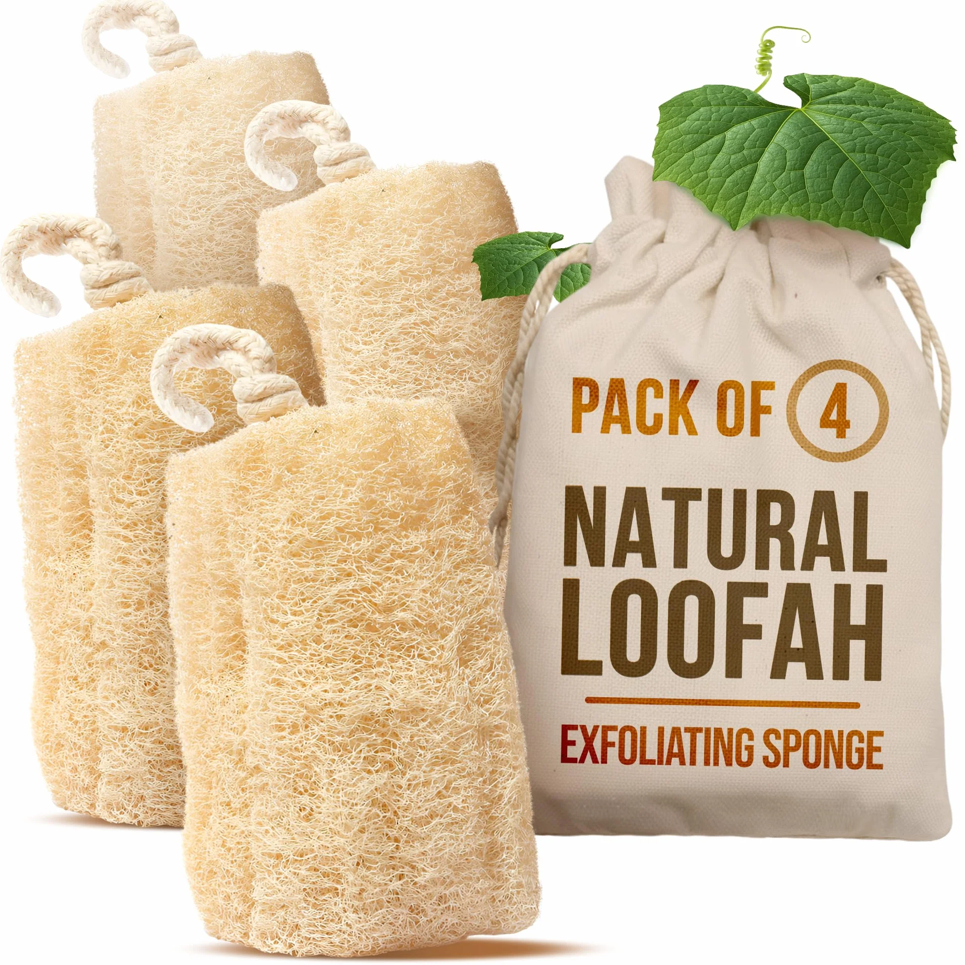 Serrento Lot de 4 éponges en luffa entièrement naturelles égyptiennes pour le visage, le dos et le corps, respectueuses de l'environnement, sans produits chimiques toxiques, 15,2 x 15,2 cm