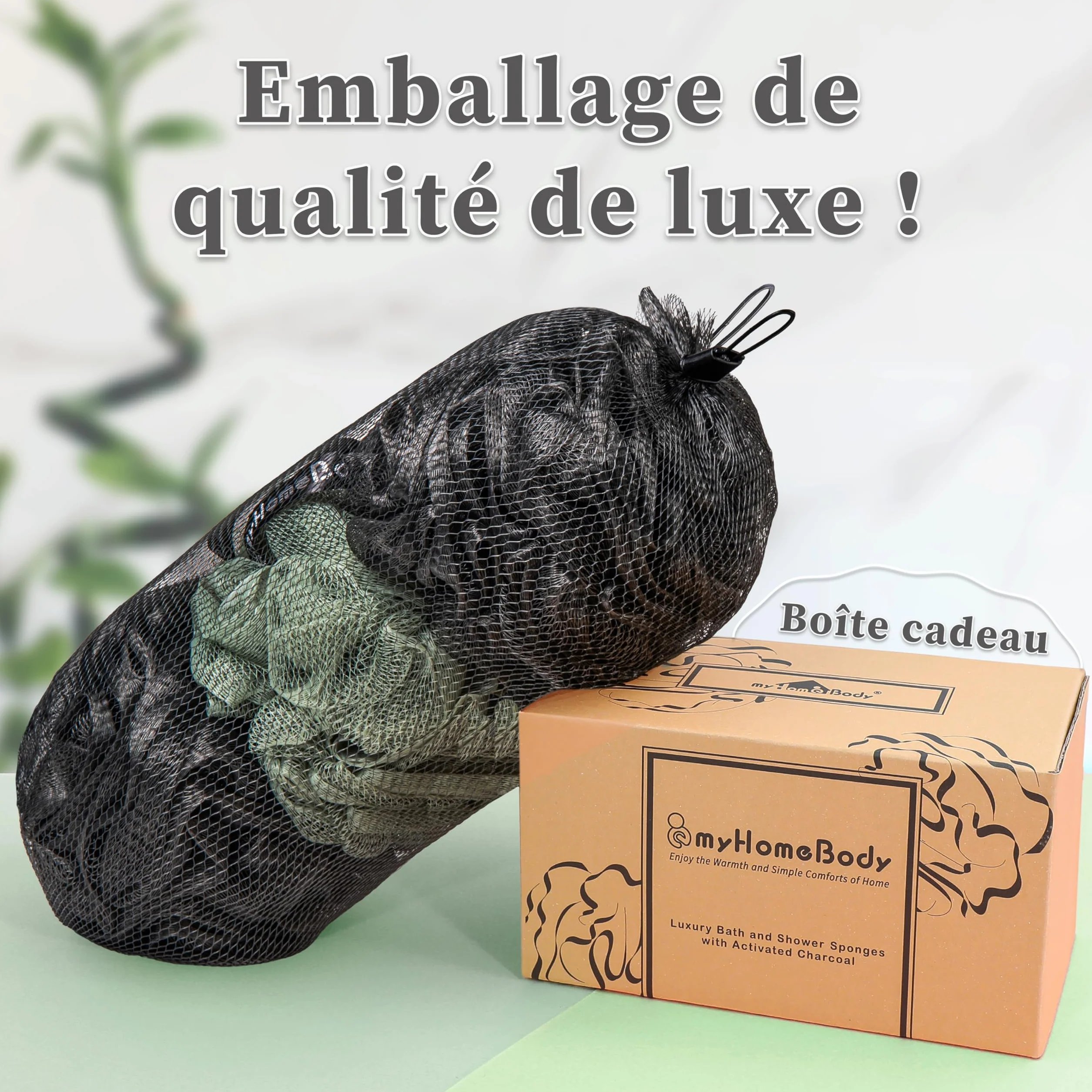 myHomeBody Grande éponge Loofah 70g - Pouf de douche exfoliant au charbon actif - 3 Packs (2 Graphite Gray + 1 Sage Green)