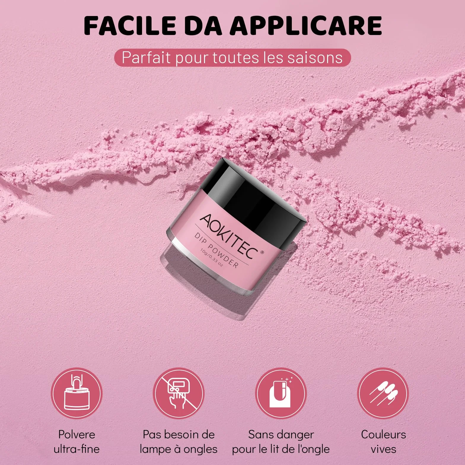 Poudre à tremper Aokitec 8 couleurs série rose pour nail art français, poudre à ongles facile à utiliser sans lampe