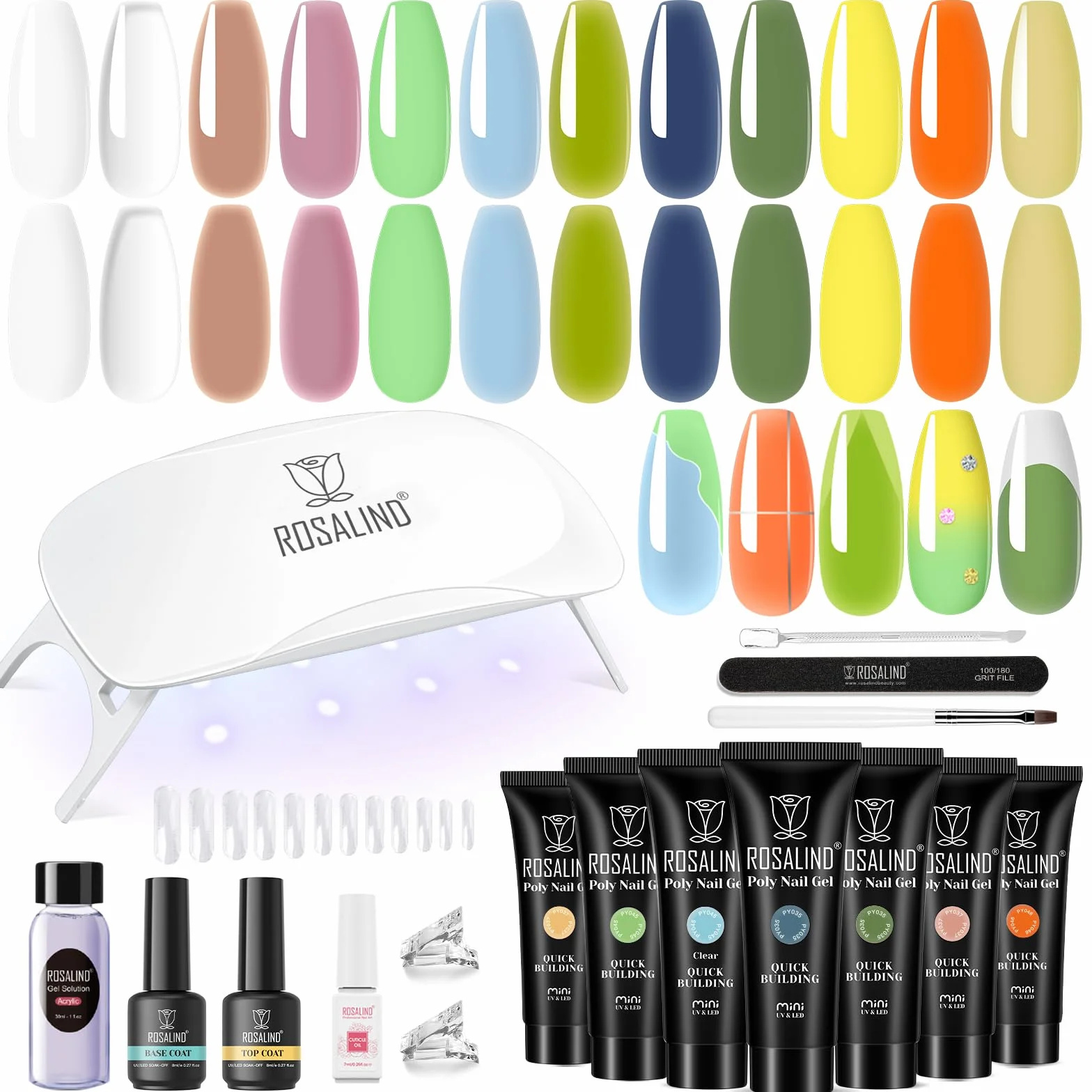 ROSALIND Gel Construction Ongle UV Starter Set, 12pcs 10ml Poly Extension d'ongles en Gel Avec Mini UV Lampe, Base&Top Coat, DIY Nail Art Acrygel Complet Kit pour Femme