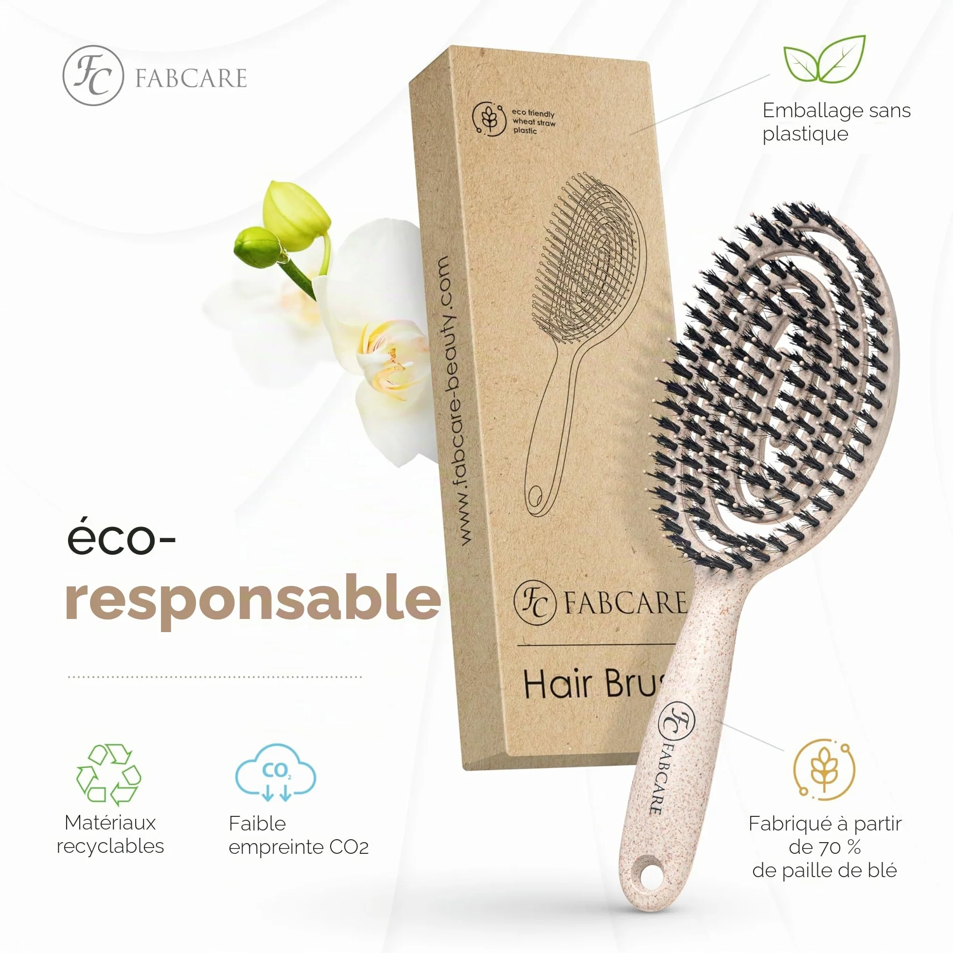 FABCARE Brosse Cheveux Poil Sanglier Démêlante Double Ressort Spirale Magique Sans Tirer Professionnelle Beige
