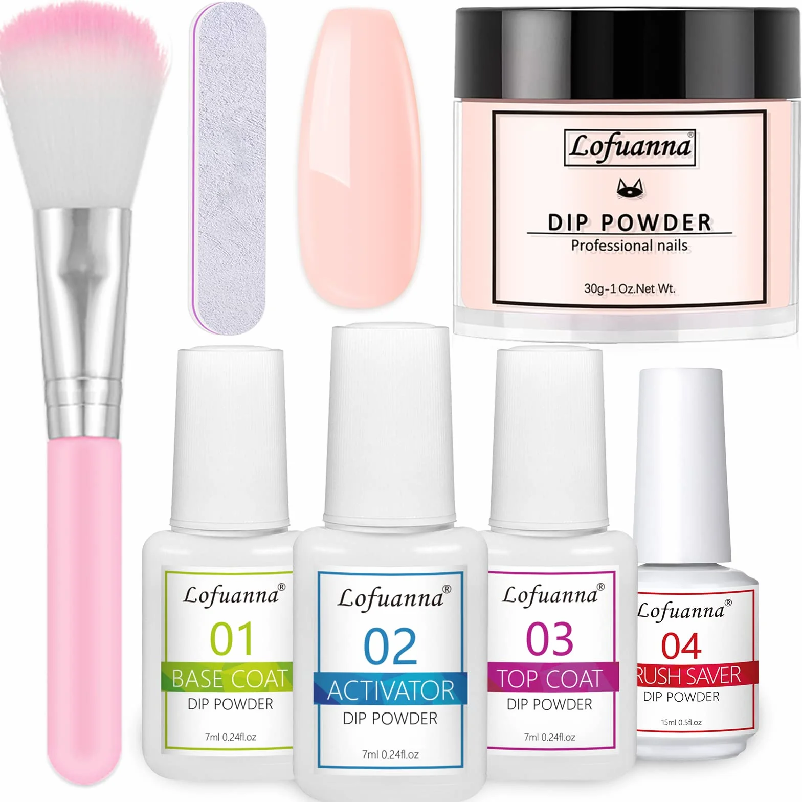 Lofuanna Kit de Poudre de Tremper 30g Nu pour Ongles avec Base Top Coat Activateur Brush Saver