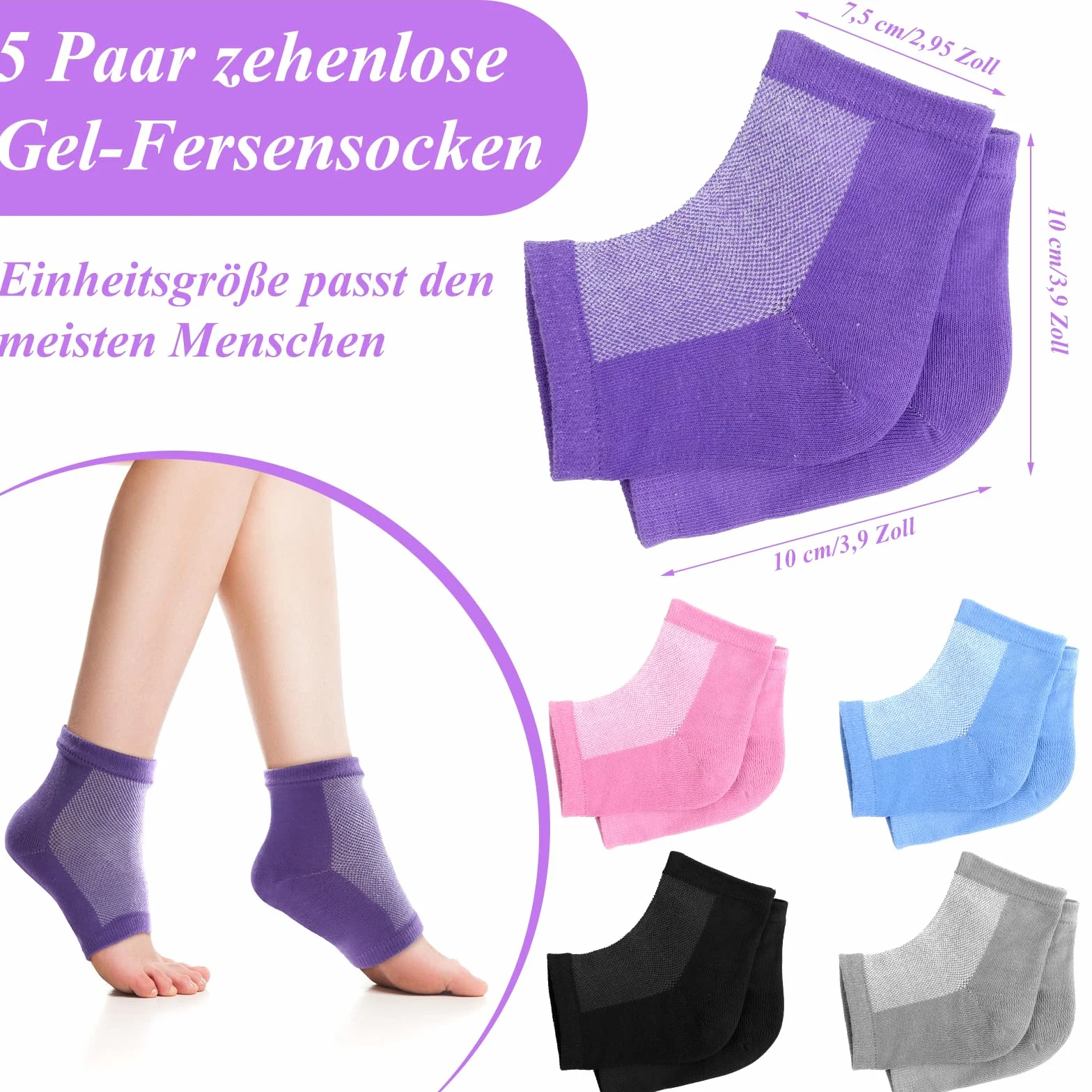 Chaussettes hydratantes en gel lot de 5 paires sans orteils doublure gel pour callosités