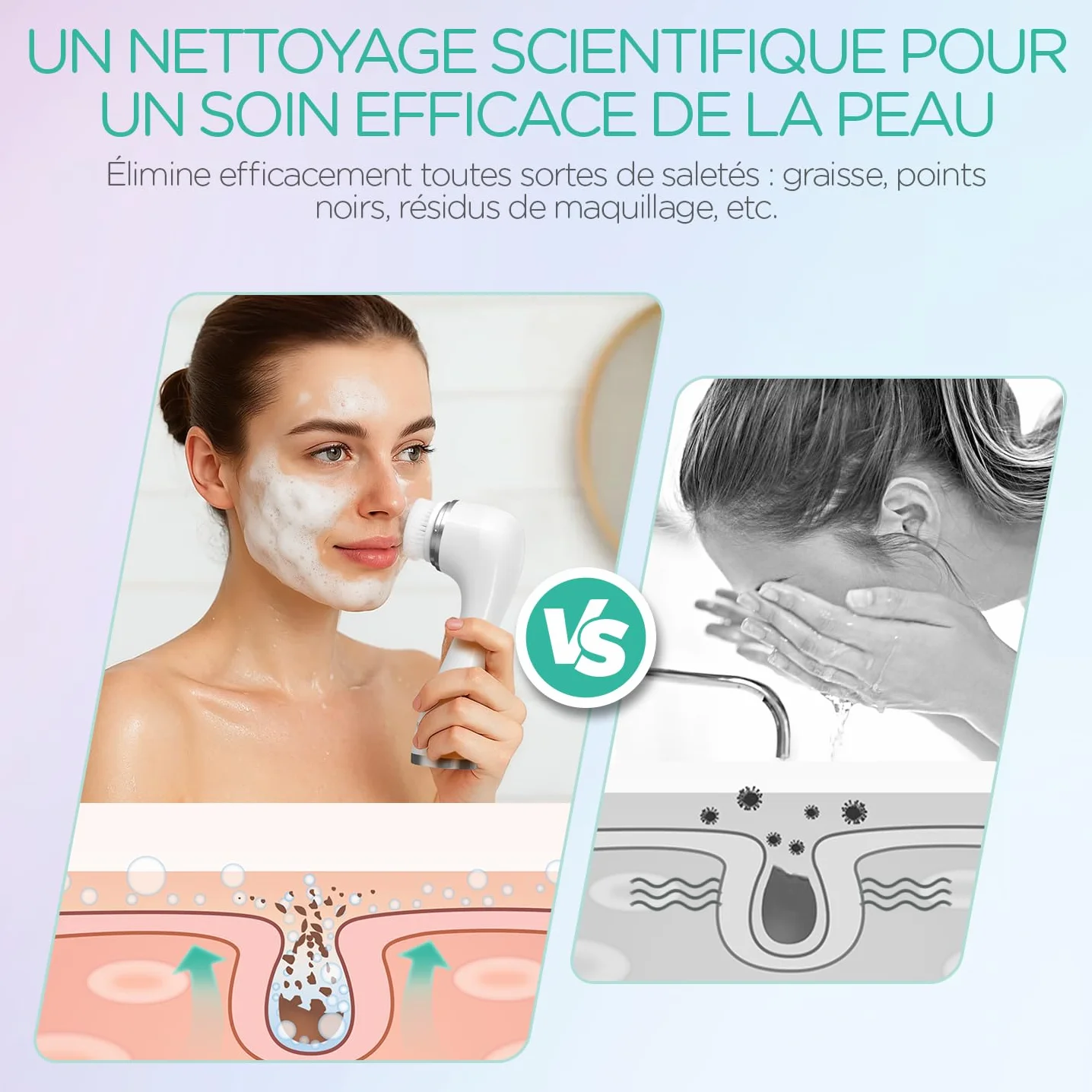 VOYOR Brosse Nettoyante Visage Rechargeable 3 Réglages de Vitesse Brosse Visage pour un Nettoyage en Profondeur du Visageet et une Exfoliation, 6 en 1 Imperméable Brosse Électrique Visage FB101