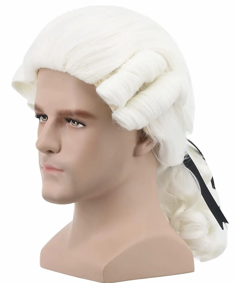 Yuehong Perruque Homme Longue Bouclée Blanche de Juge et Avocat Siècle 18 Gentleman Colonial Costume Cheveux avec Fibres Synthétiques Résistantes à la Haute Température (Blanche)