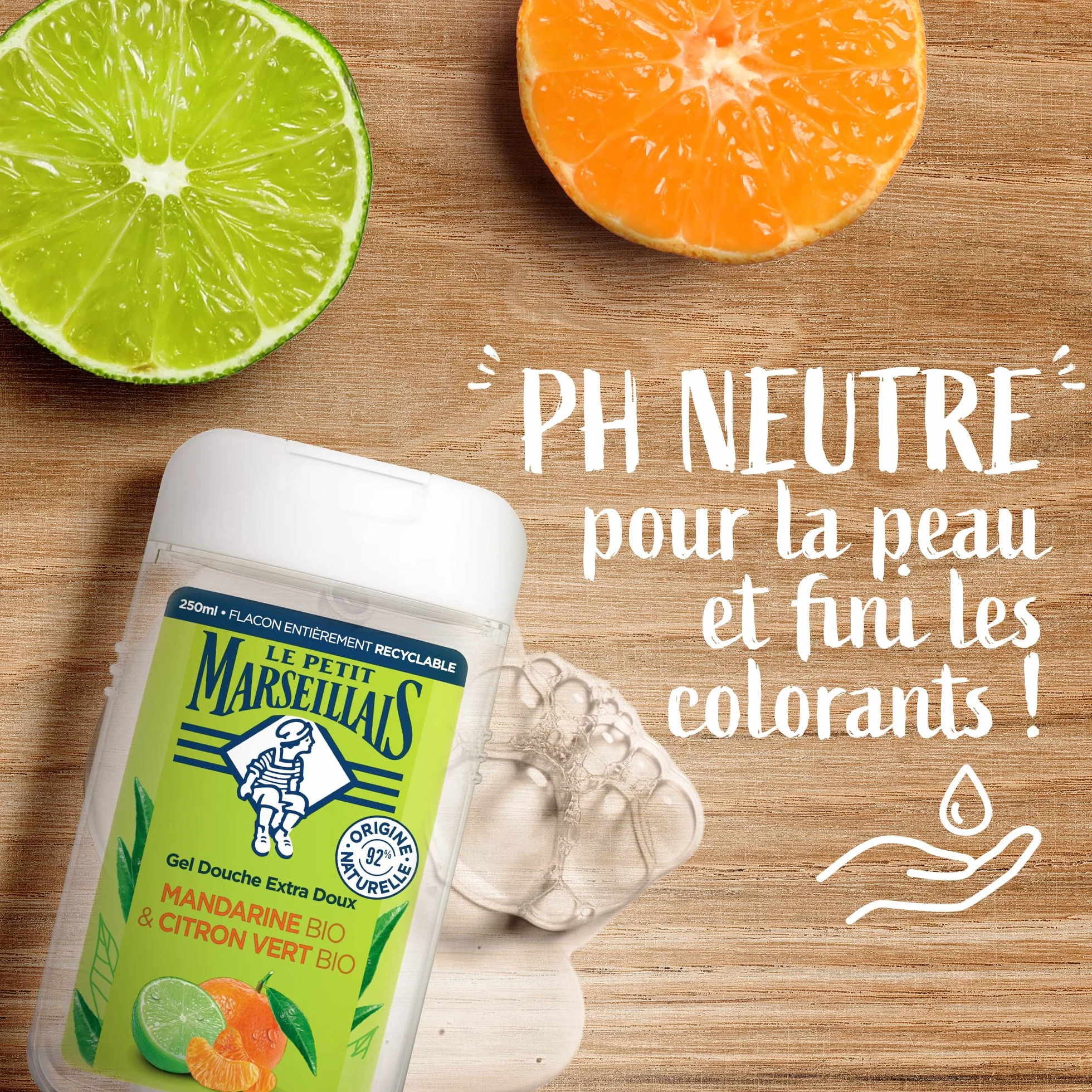 Le Petit Marseillais Gel Douche Extra Doux Mandarine Bio Citron Vert Bio 250ml 92% Ingrédients Naturels Flacon Recyclable