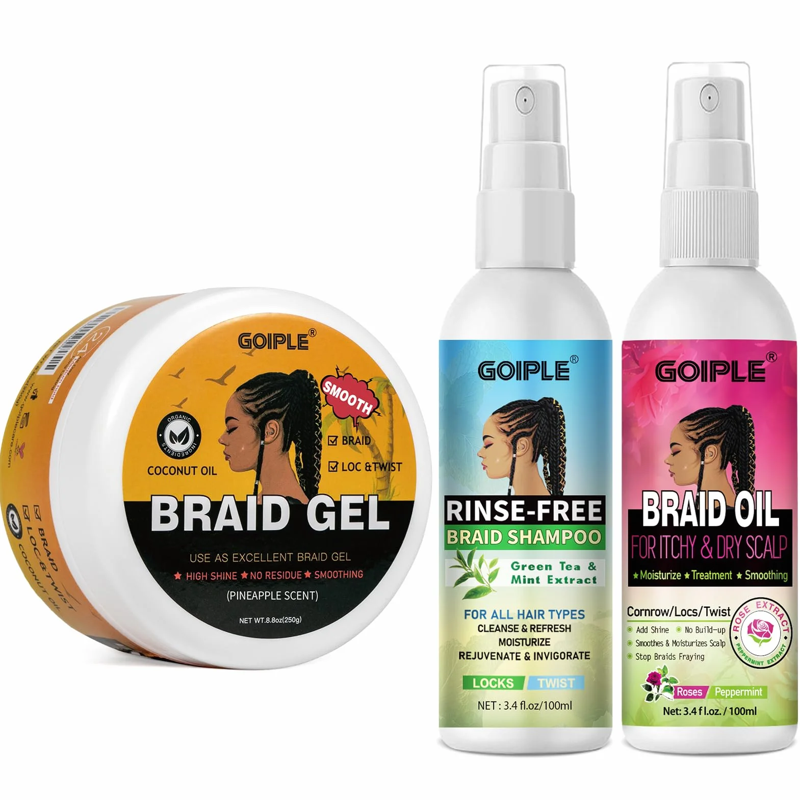 Coffret Gel Cheveux Bouclés avec Shampoing Tressé et Huile Spray – Lissant pour Twists, Locs, Tresses, Cornrows et Contrôle des Bords – Gel Cheveux Afro Kit Soin Coiffant Tressé Facile à Utiliser