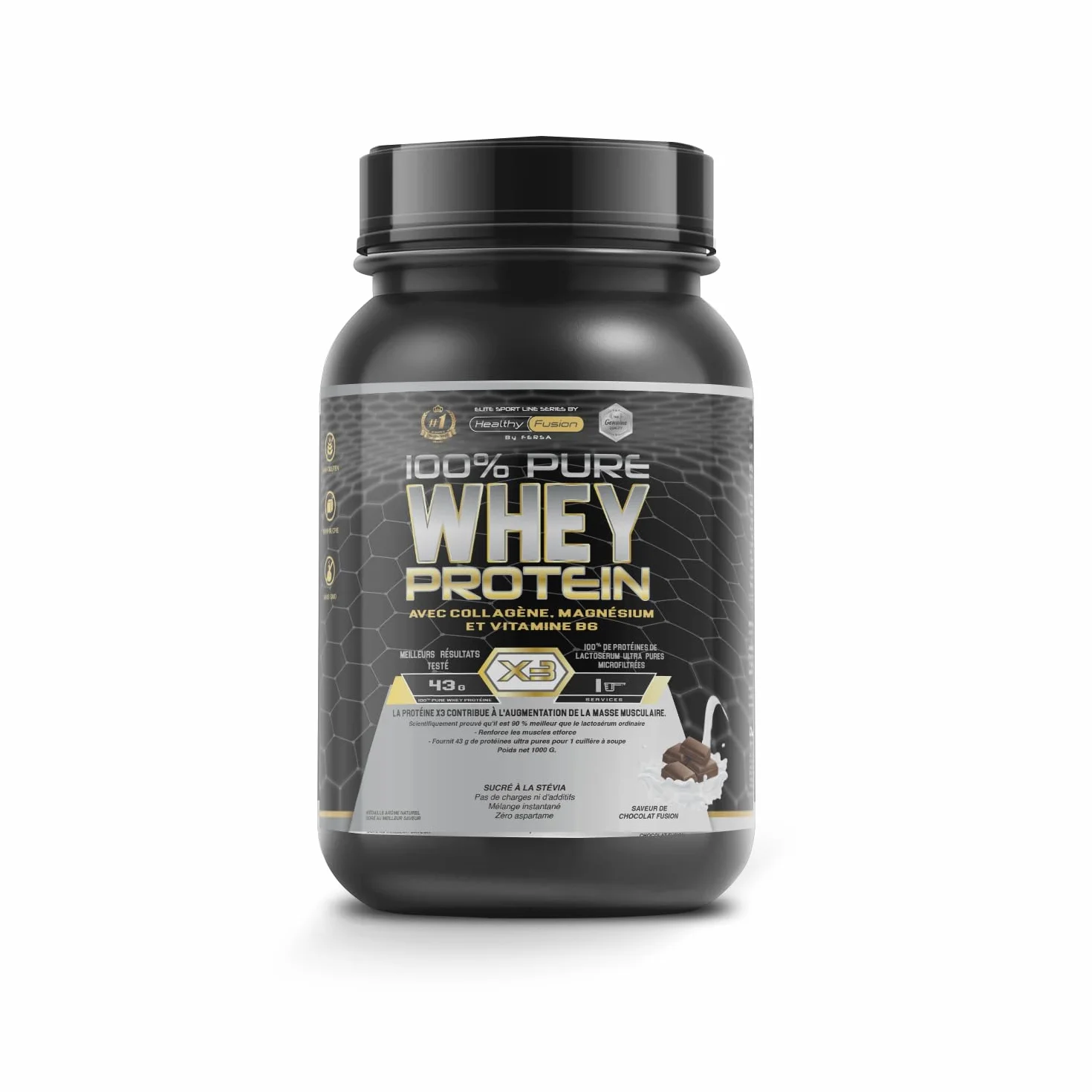 Healthy Fusion Whey Protein 43 g/dose Protéine Whee Pure avec Collagène Magnésium Vitamine B6 Chocolat 1kg