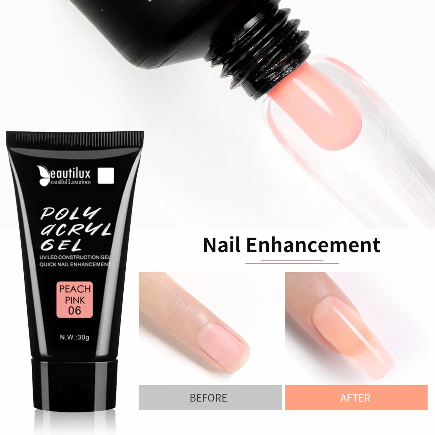 Beautilux Acrylique Gel Nail Peach Pink 30g Long Lasting Acrygel Extender Gel