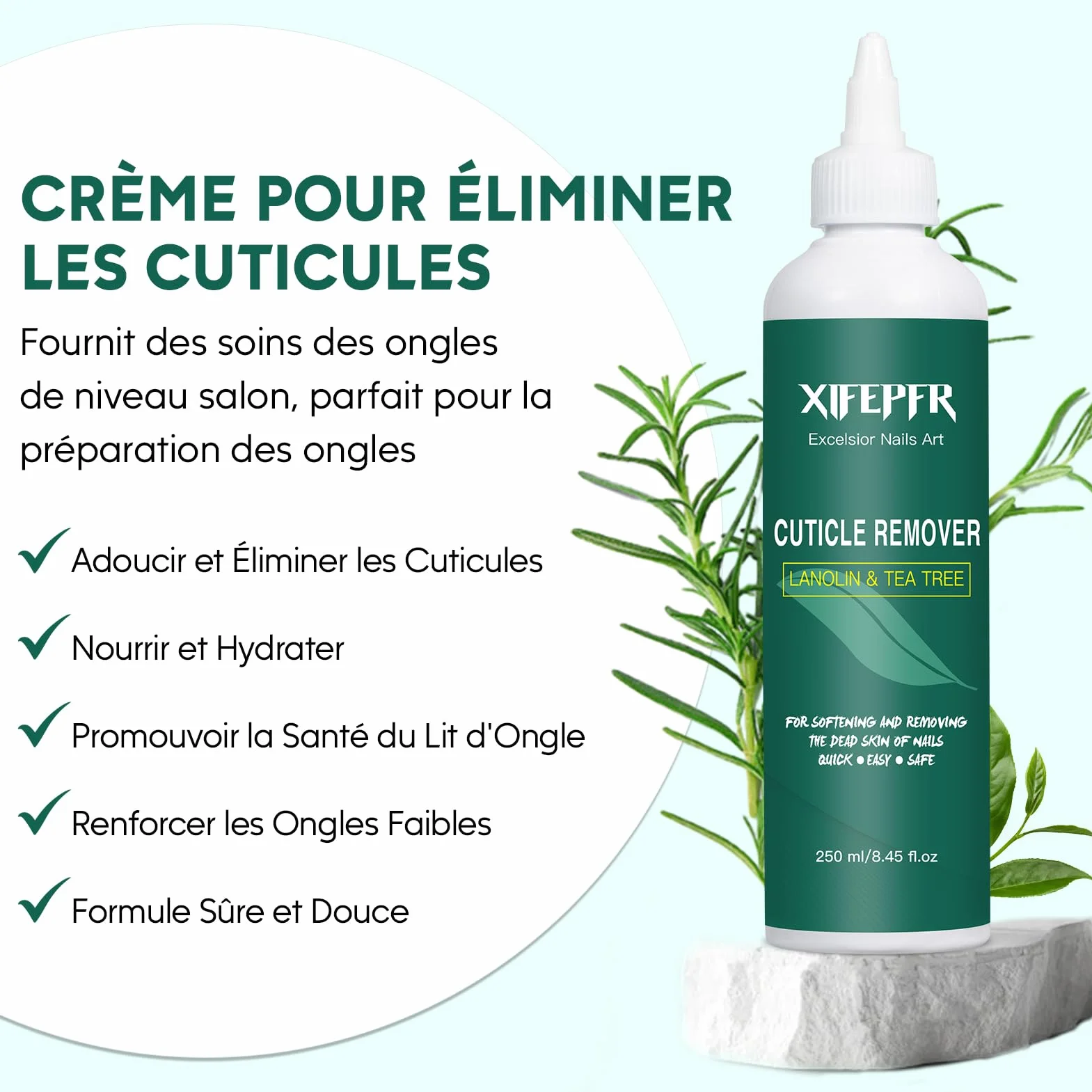 Crème Remover de Cuticules 250ml Adoucissant Cuticules Liquide Décapant Instantané Ongles Pro Enlève Cuticules Senteur Romarin