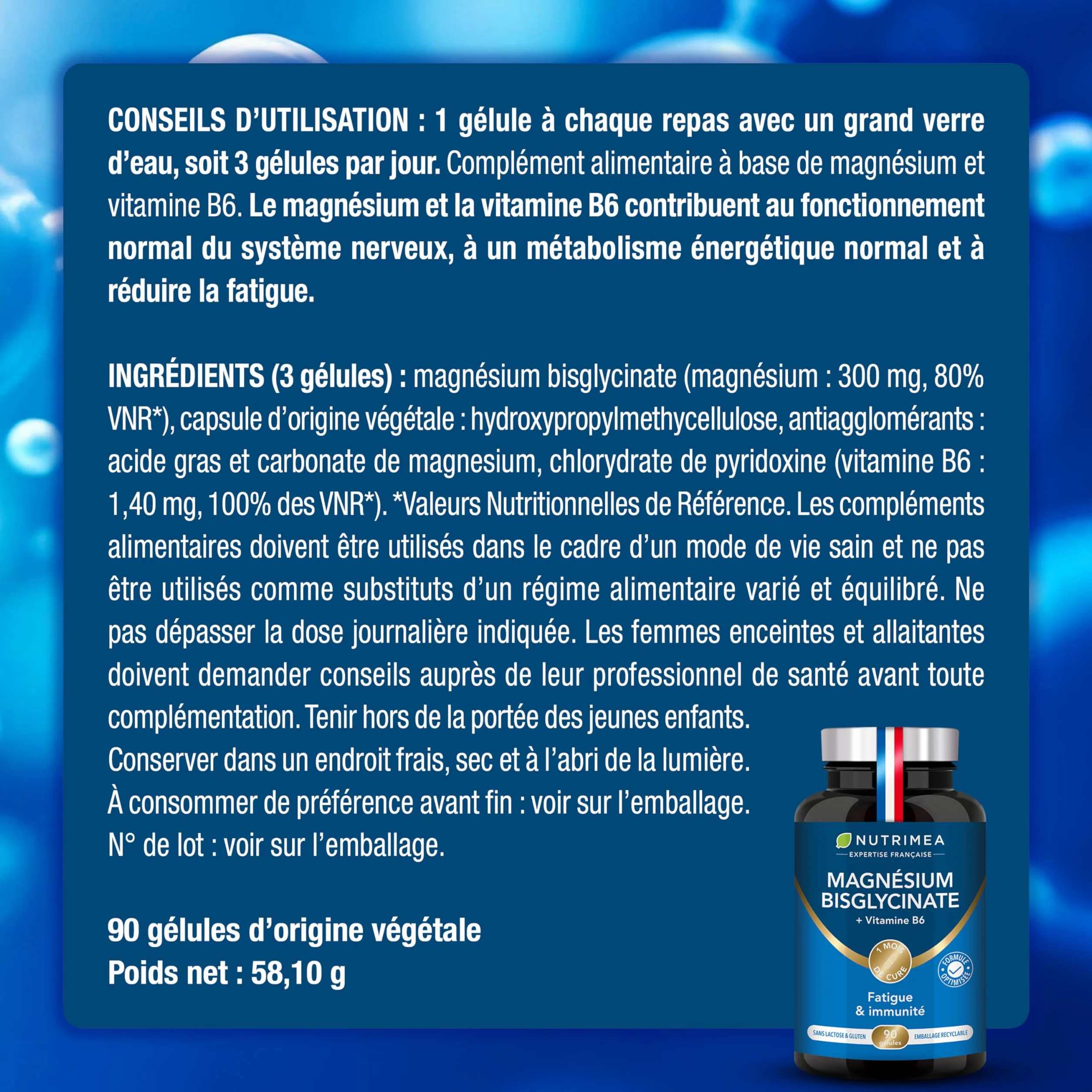 Nutrimea Magnésium Bisglycinate + Vitamine B6 90 Gélules Vegan Sommeil Stress Fatigue Absorption Maximale