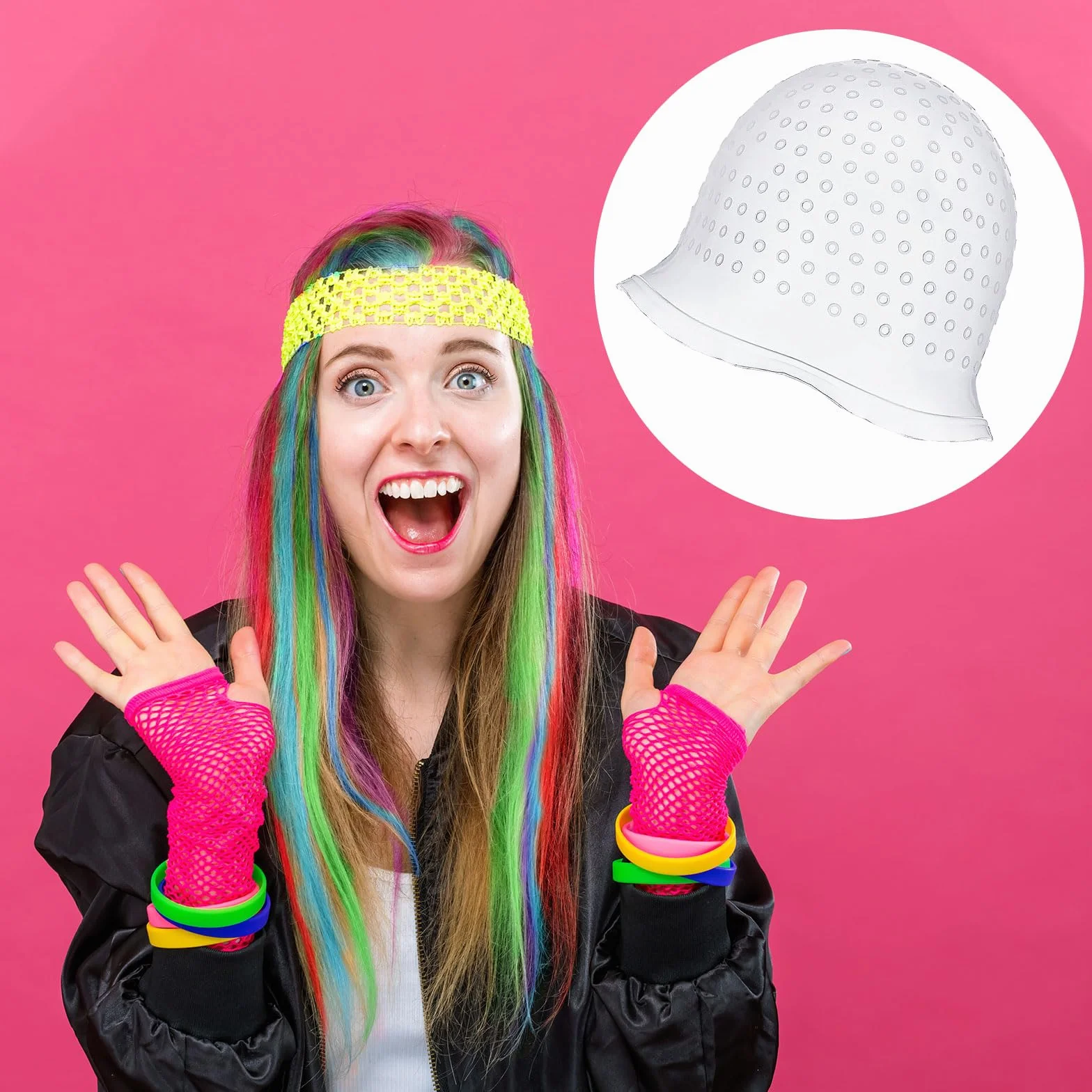 Bonnet à Mèches en Silicone 4 Pièces avec Crochet, Chapeau de Coloration Reutilisable, Outils de Coiffure Blanc
