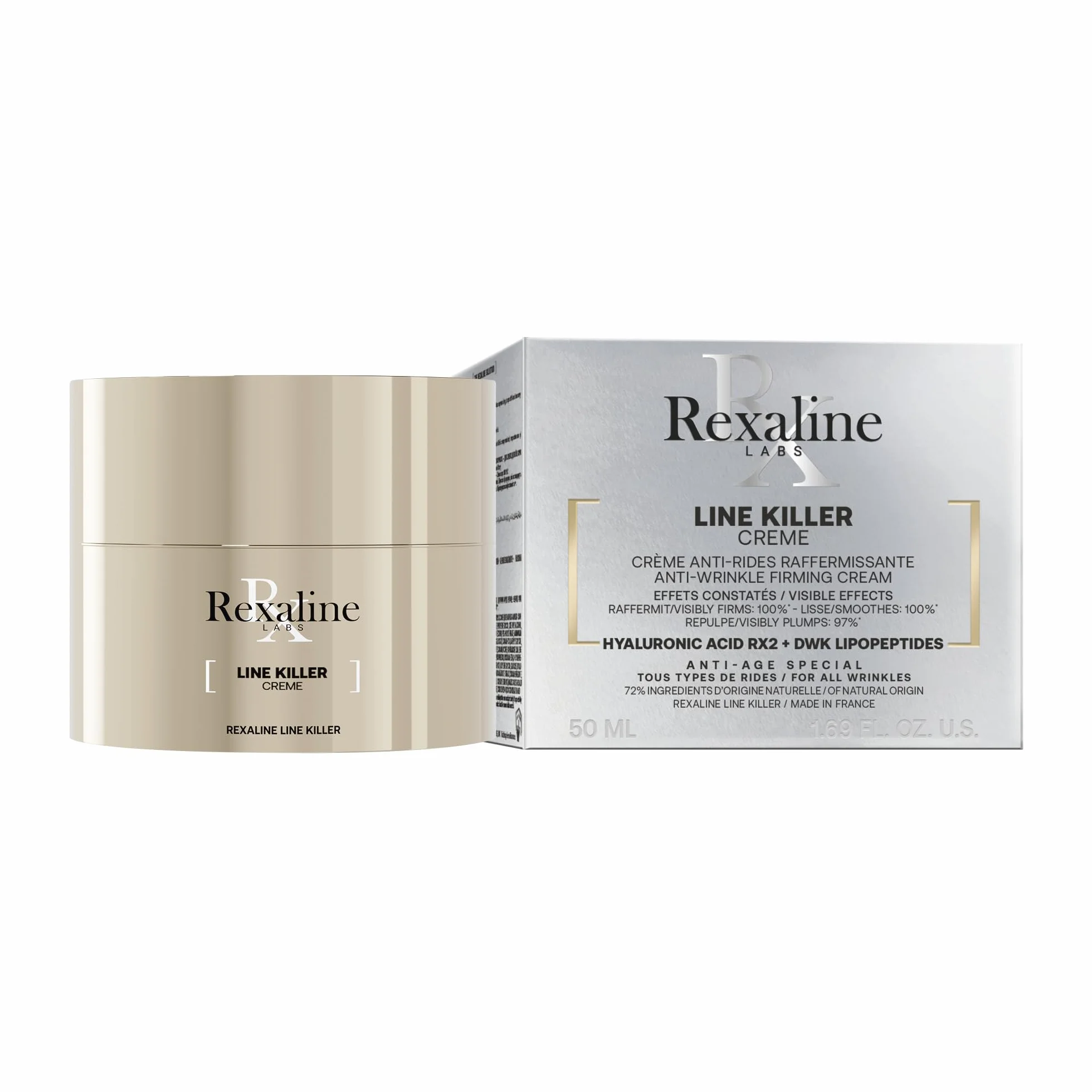 Rexaline LINE KILLER Crème Anti-Rides Raffermissante – Acide Hyaluronique RX2 & Lipopeptides DWK – Lisse, Repulpe & Raffermit – Peaux Matures – 50ml