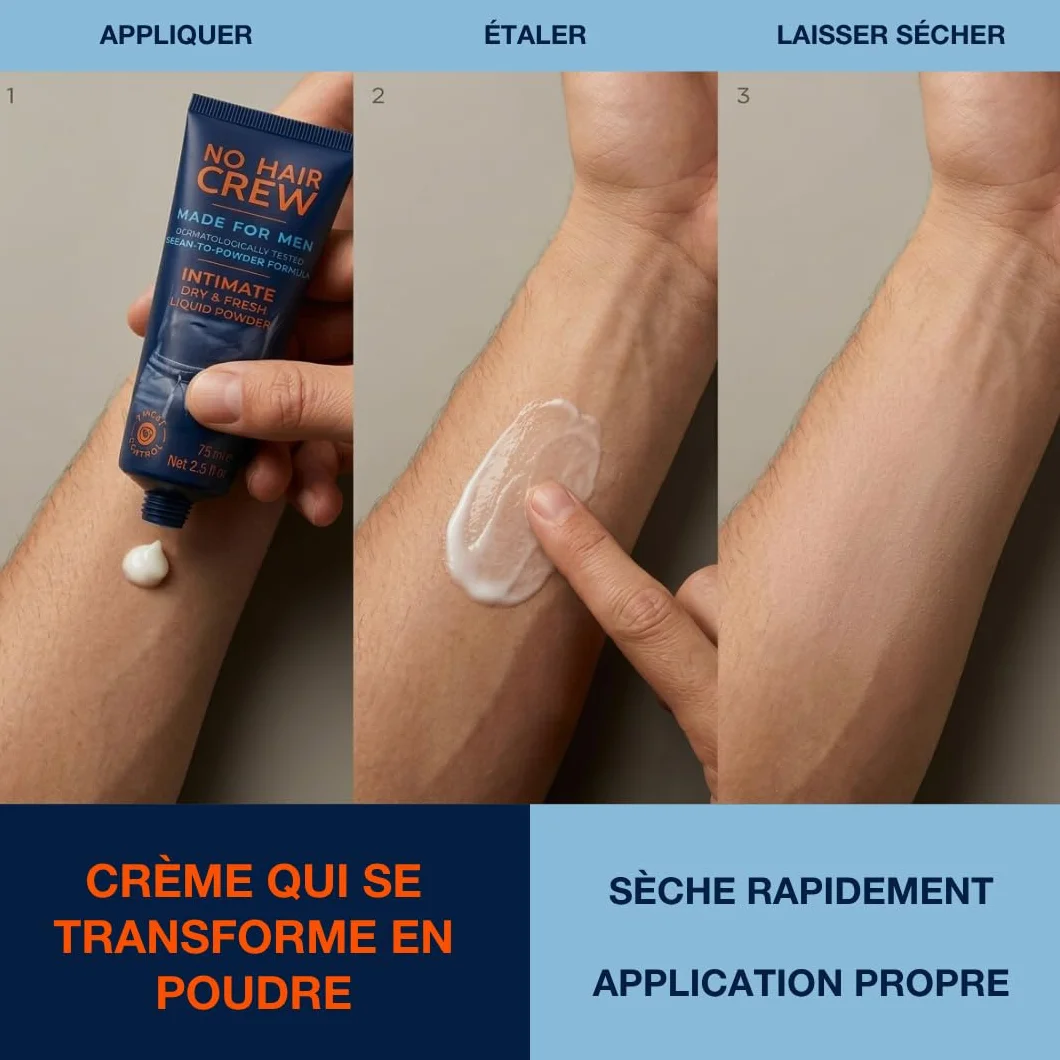 NO HAIR CREW Poudre Liquide Homme 75 ml – Crème anti-frottements pour zones intimes, aine et cuisses – Contrôle transpiration & odeurs