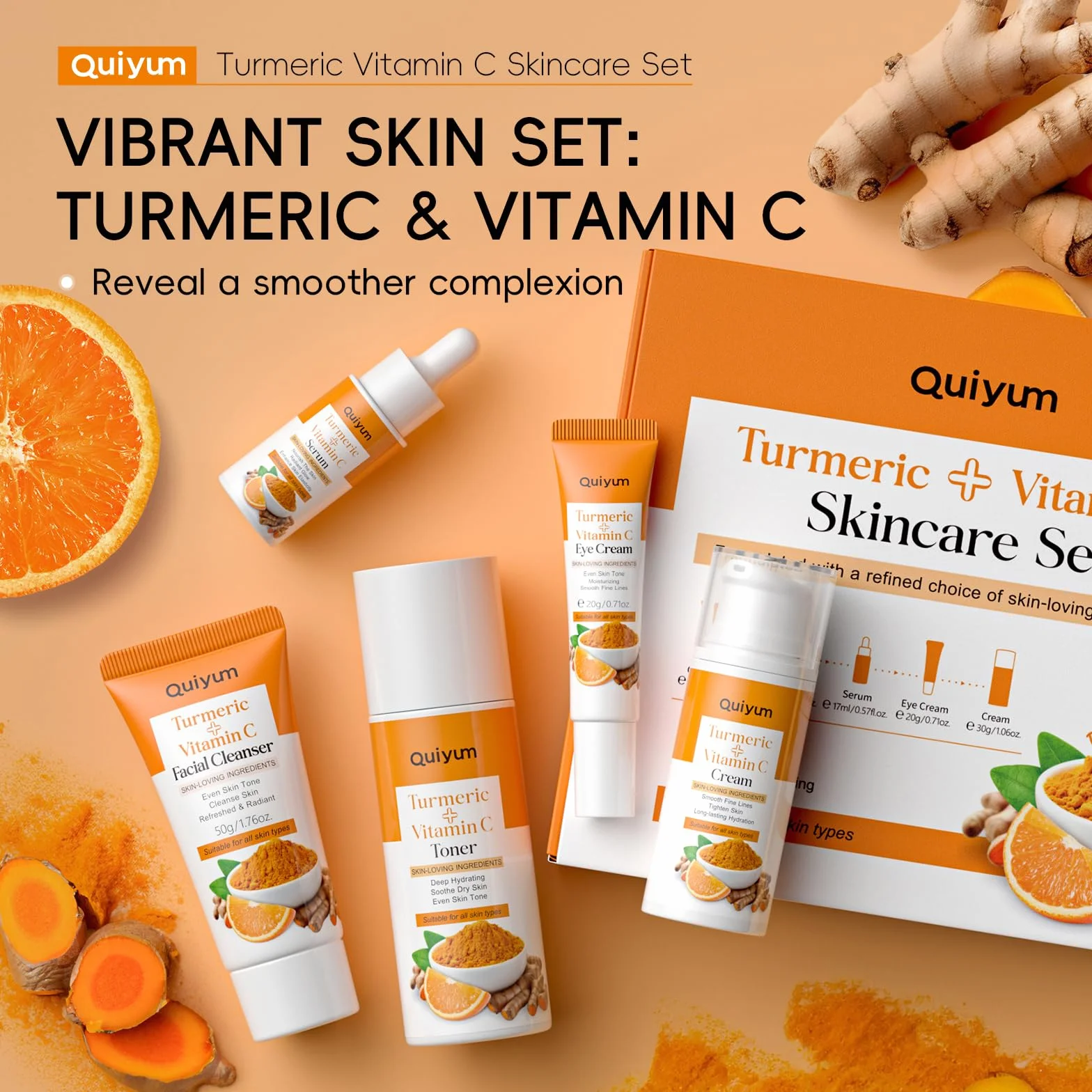 QUIYUM Coffret Soins Visage Curcuma Vitamine C 5 Pièces Hydratant Nettoyant Toner Crème Yeux Essence