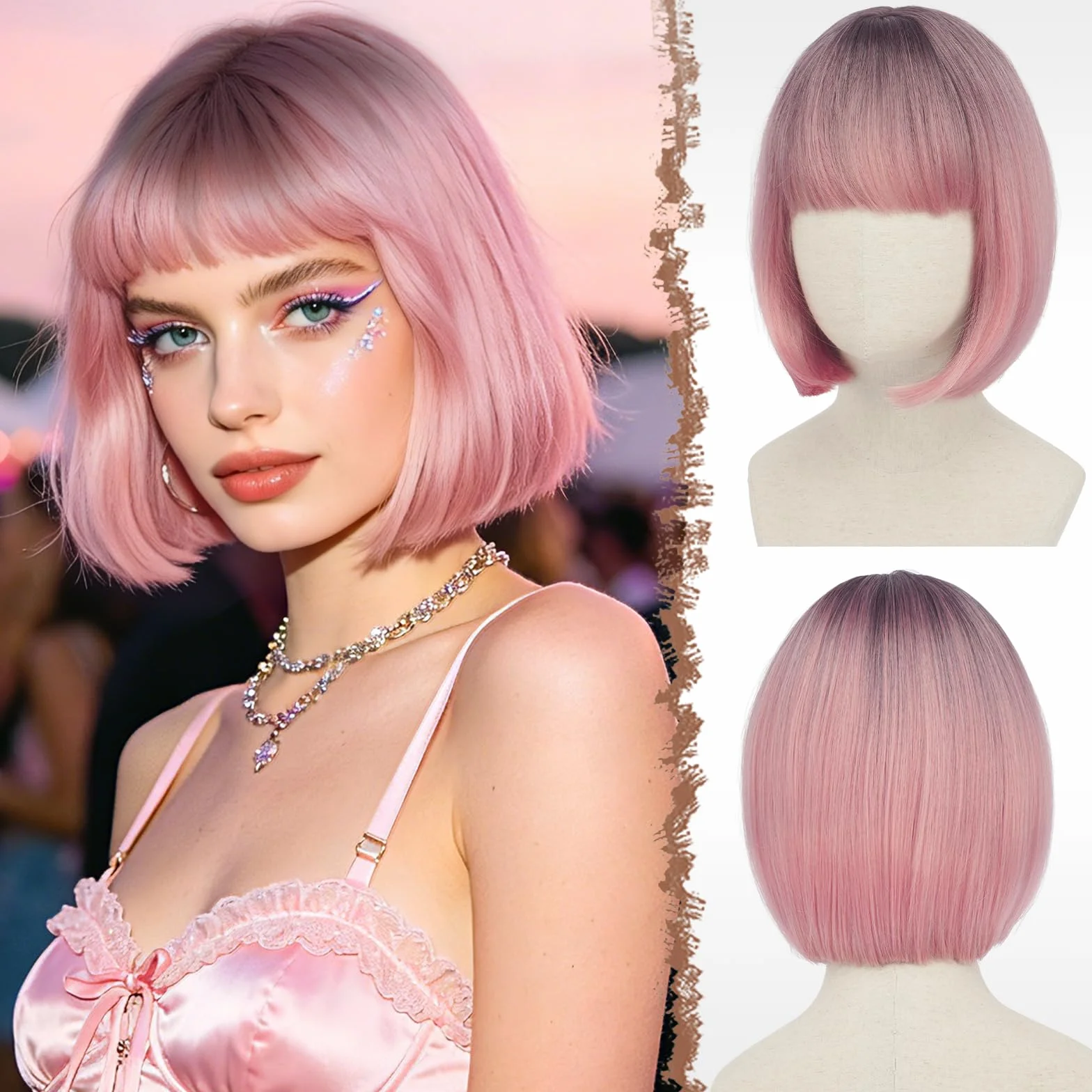 FESHFEN Rose Ombré Bob Perruque avec Franges, 30 cm Droites Courte Coloré Perruques de Cheveux Synthétiques Cosplay Utilisation Quotidienne De La Fête pour Femmes Carnaval Straight Bob Wig With Frange