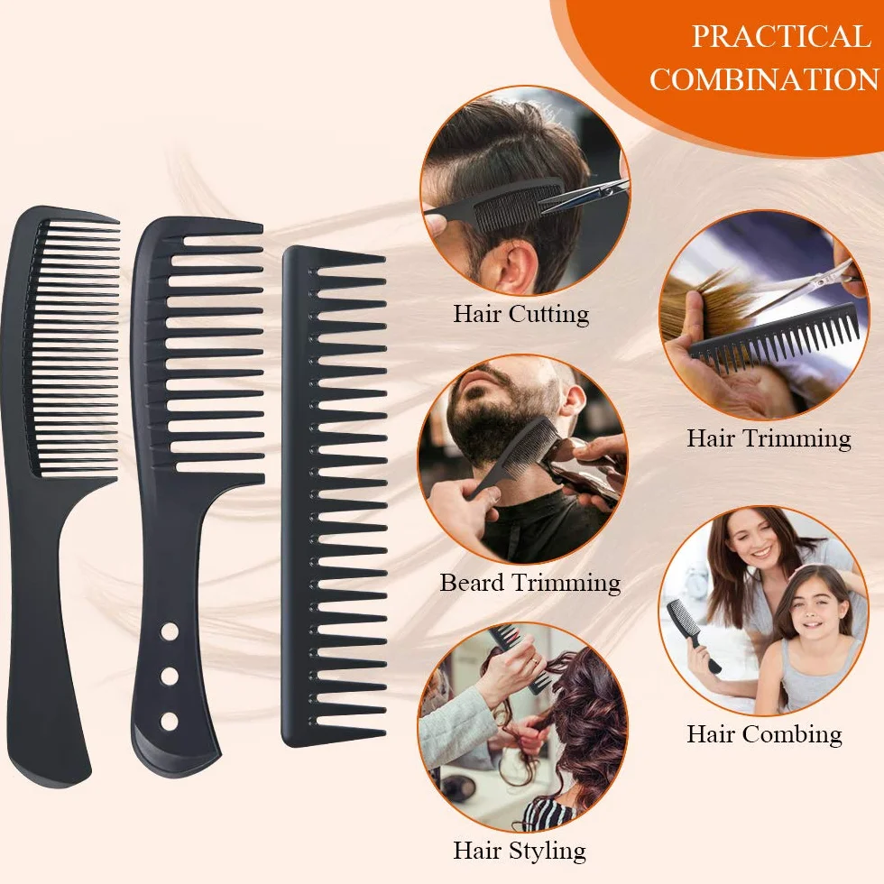 Peignes à dents larges résistants à la chaleur antistatiques carbone pour cheveux longs bouclés