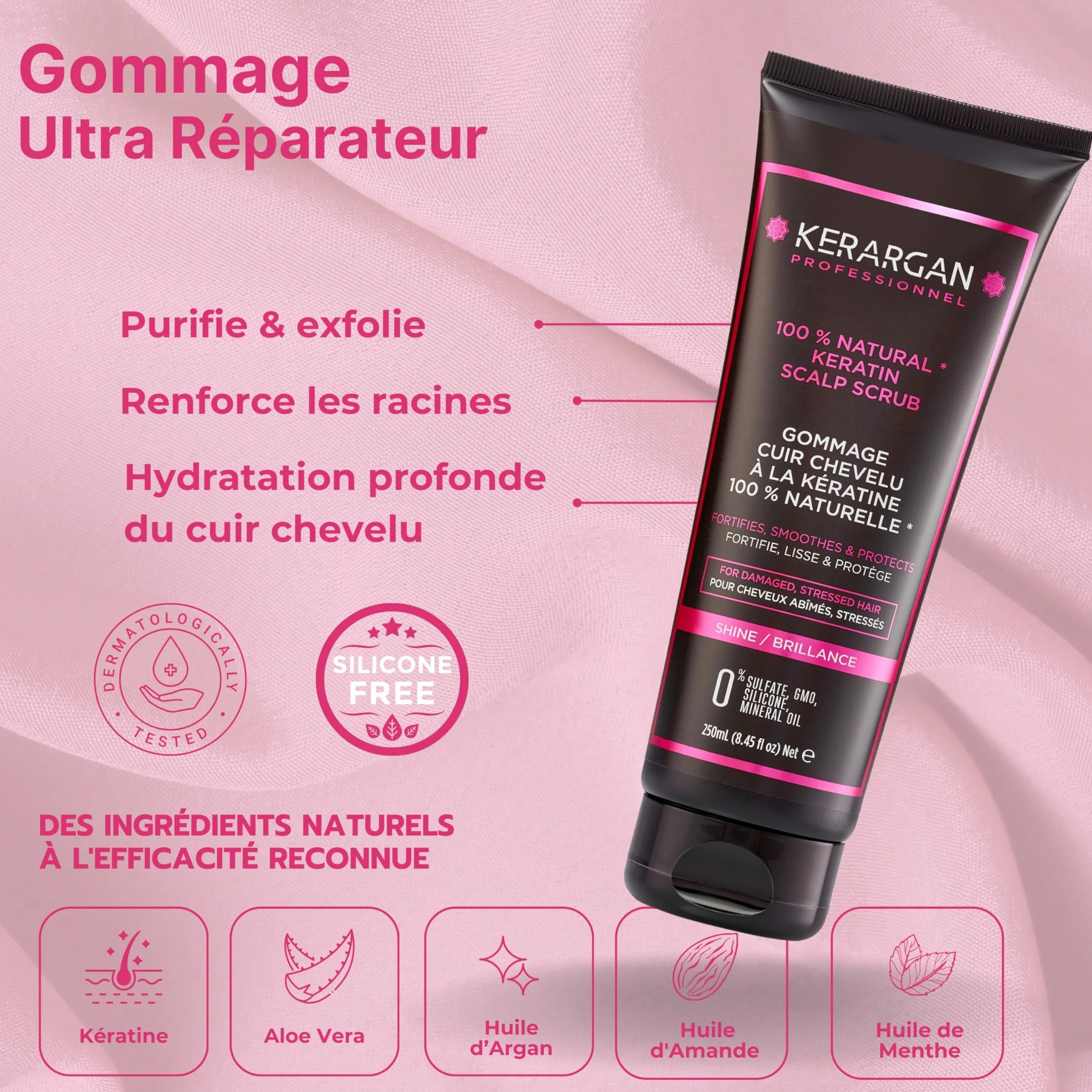 KERARGAN - Duo Kératine Shampoing & Gommage Sans Silicones - 500ml+250ml | Shampoing et gommage, nettoient et exfolient le cuir chevelu, formules sans silicones, OGM ni huiles minérales