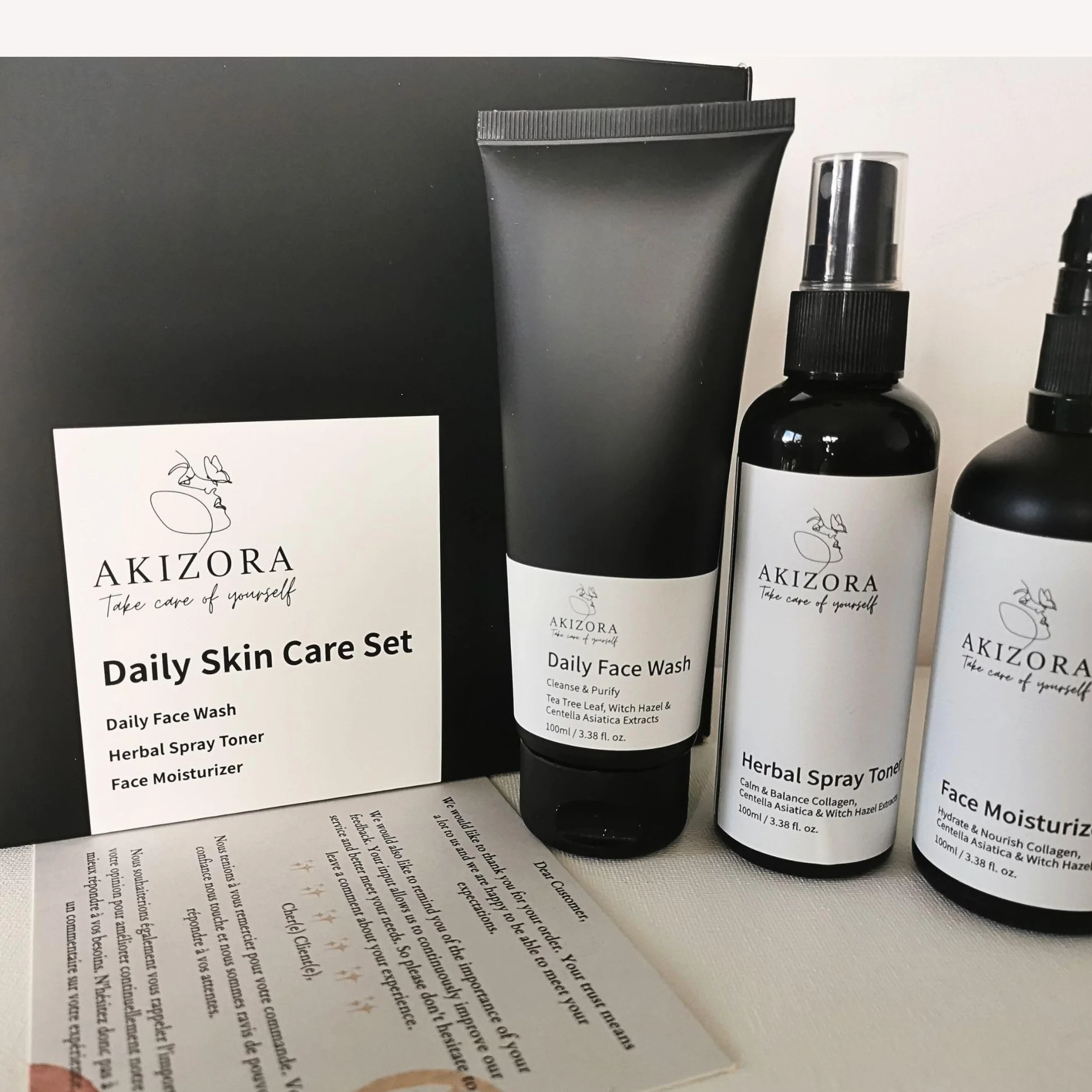 AKIZORA Coffret Soin Visage Homme – Gel Nettoyant Tea Tree, Lotion Tonique Purifiante & Crème Régénérante Collagène – Routine Quotidienne Fraîcheur & Hydratation – Idée Cadeau Masculine