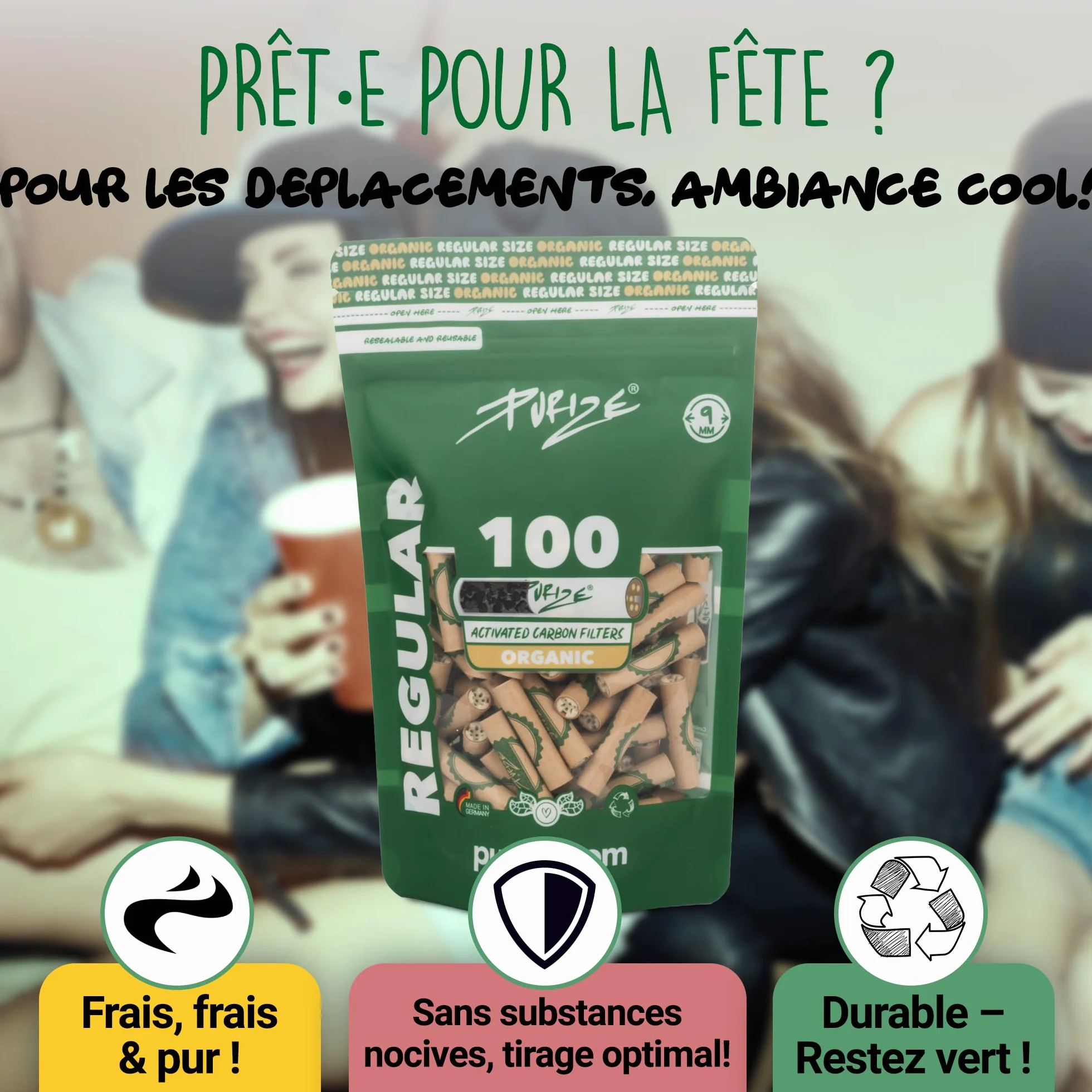PURIZE Filtre à charbon actif taille régulière 100 unités Ø 9mm charbon actif noix de coco