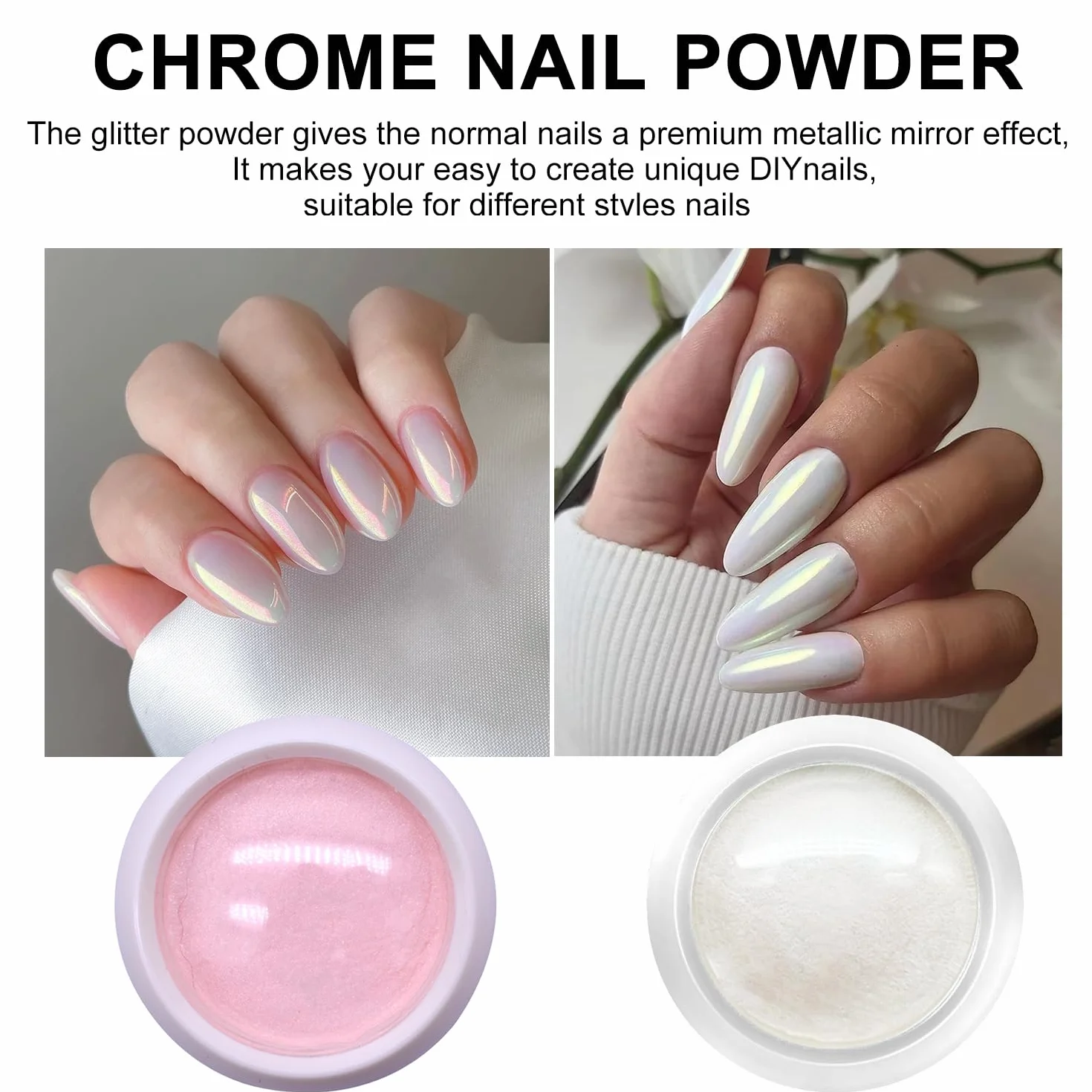 Poudre Chrome Ongle 4 Couleur Nail Art Or Argent Blanc Perle Rose Aurore Effet Miroir Métallique Pigment