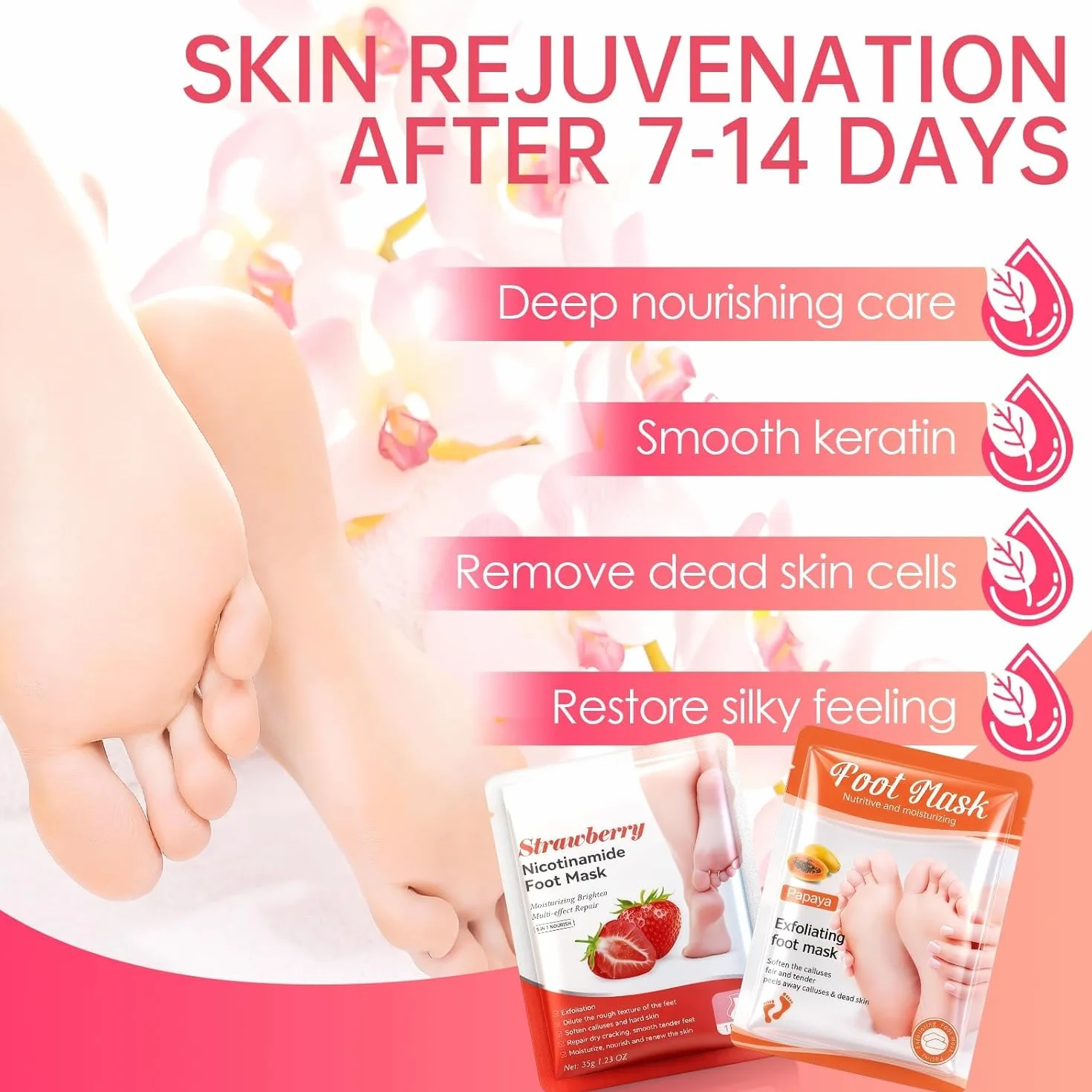 Masque Pied Exfoliant 2 Paires, Chaussette Exfoliante Pieds Secs Abîmés, Hydratation Profonde Fraise Papaye