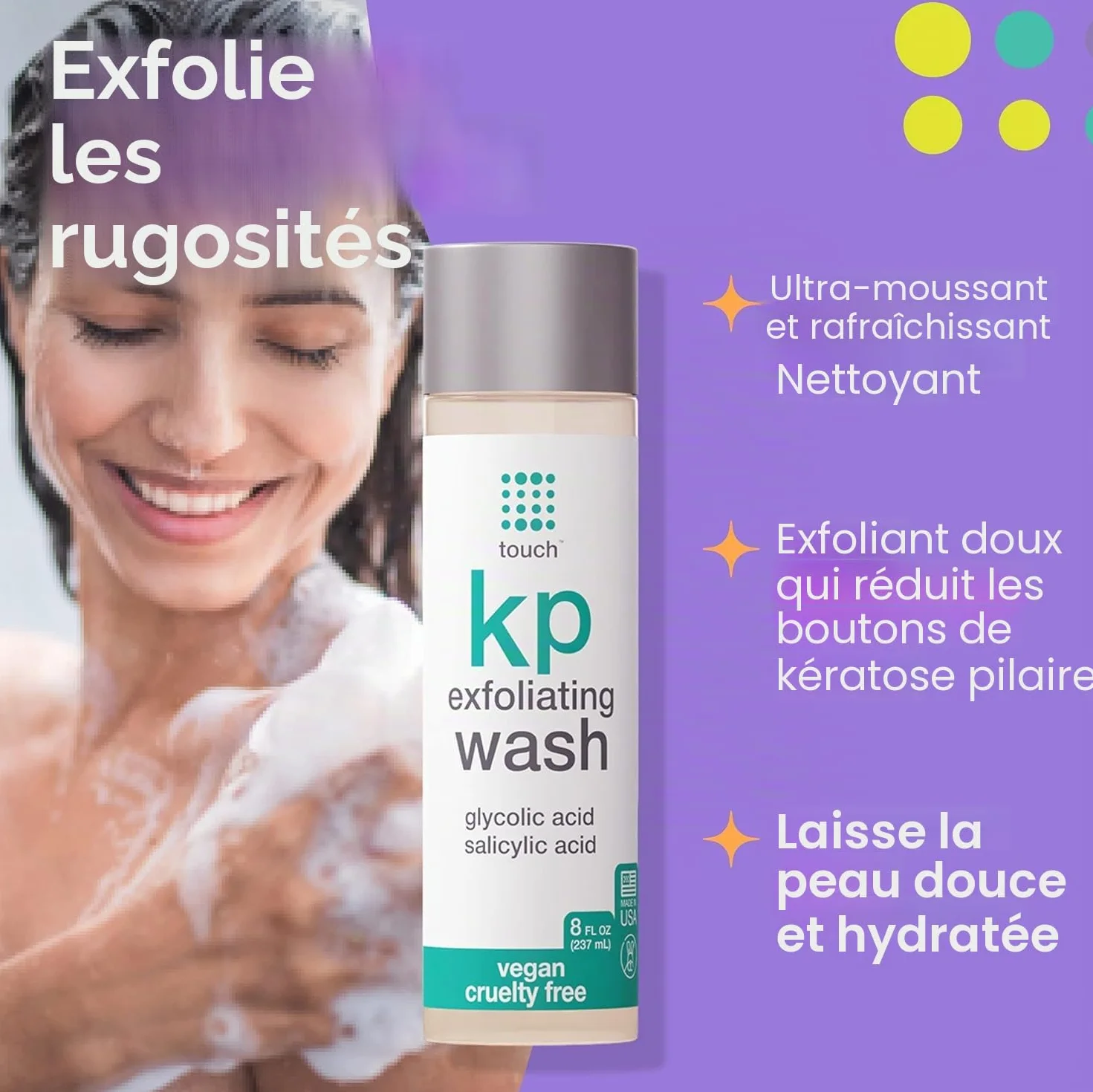 TOUCH Nettoyant Corporel Exfoliant pour Kératose Pilaris – Gel Douche KP avec 15% d’Acide Glycolique, Aloe Vera et Acide Hyaluronique – 226 Grammes