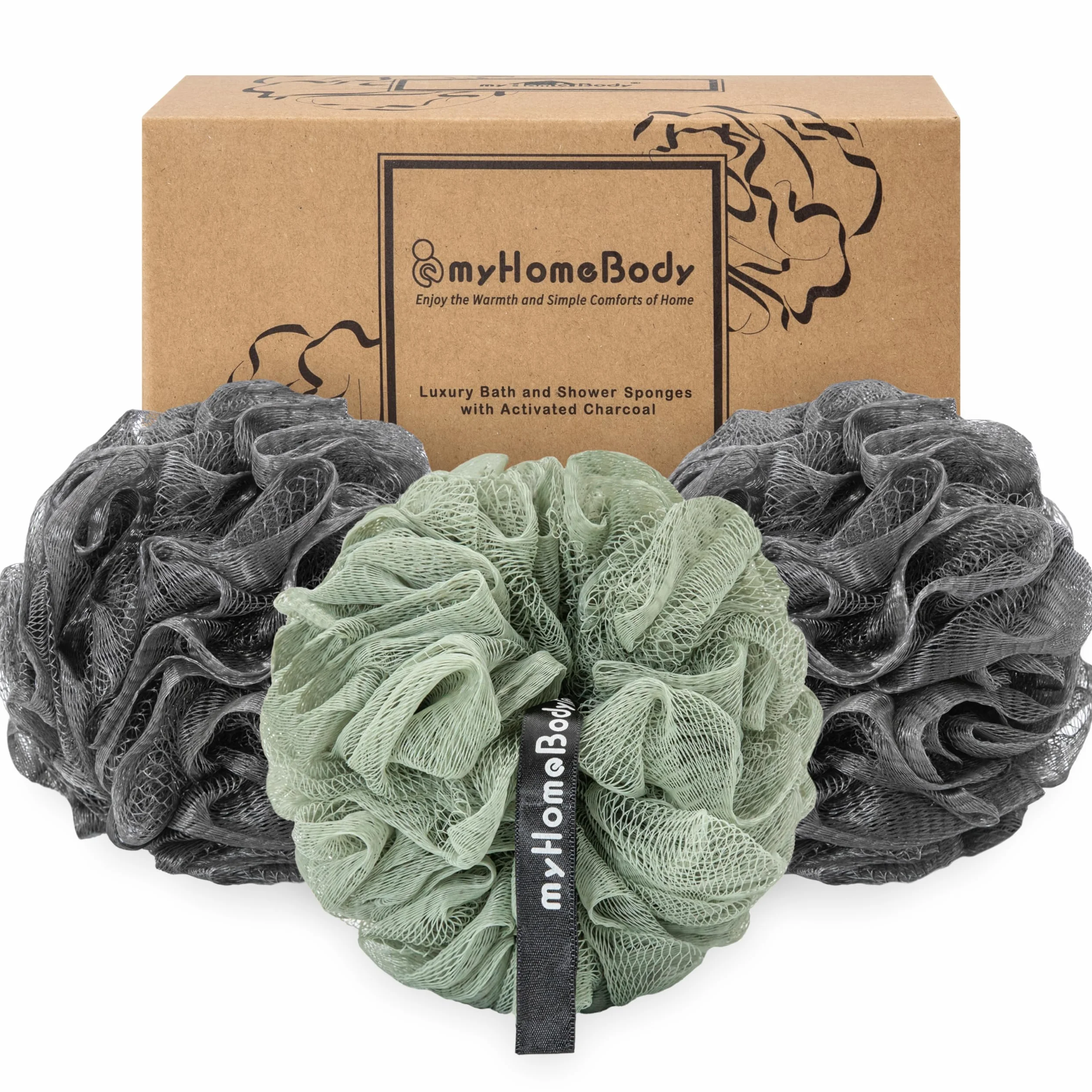 myHomeBody Grande éponge Loofah 70g - Pouf de douche exfoliant au charbon actif - 3 Packs (2 Graphite Gray + 1 Sage Green)