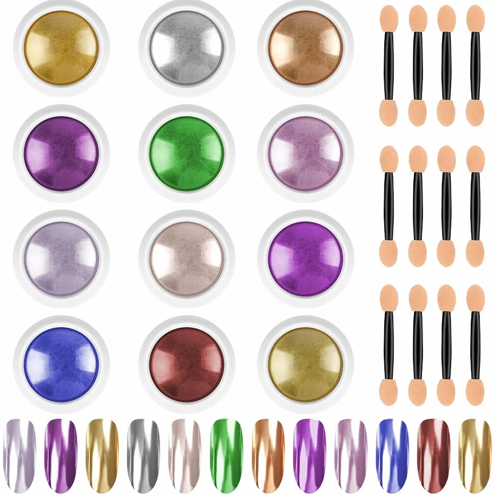 LOPHE Lot de 12 pots poudre à ongles effet miroir métallique brillant avec 12 bâtons ombres à paupières poudre pigmentée