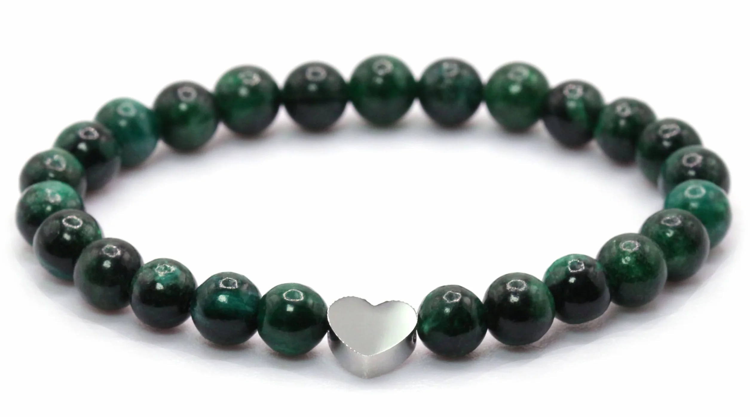 Bracelet en émeraude véritable pierre précieuse 6mm perles rondes cœur acier inoxydable porte-bonheur