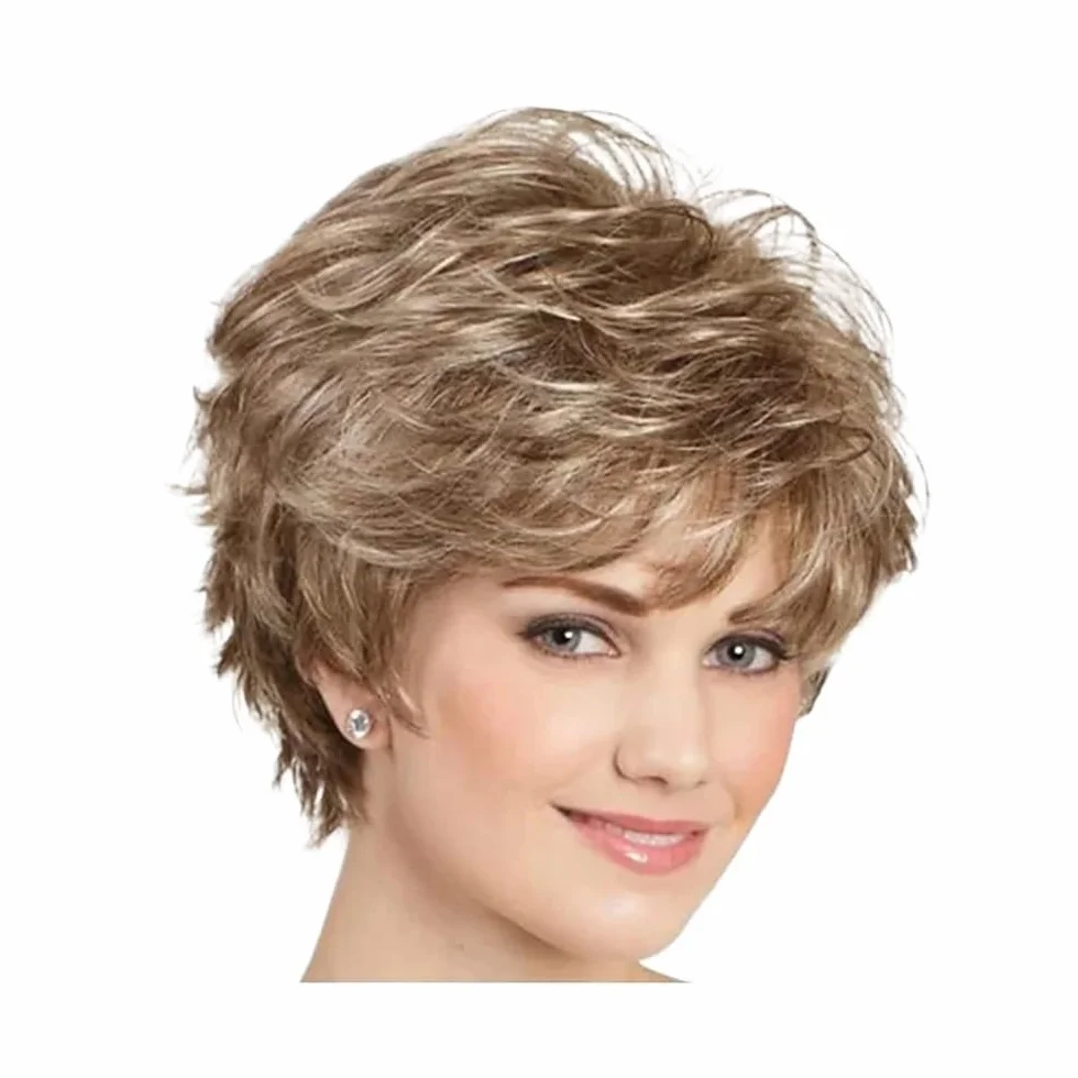 Donne Capelli Perruques courtes bouclées grises de 30 cm, perruques synthétiques naturelles bouclées et superposées, perruques de costume d'Halloween for femmes Extensions de cheveux(Drak blonde)