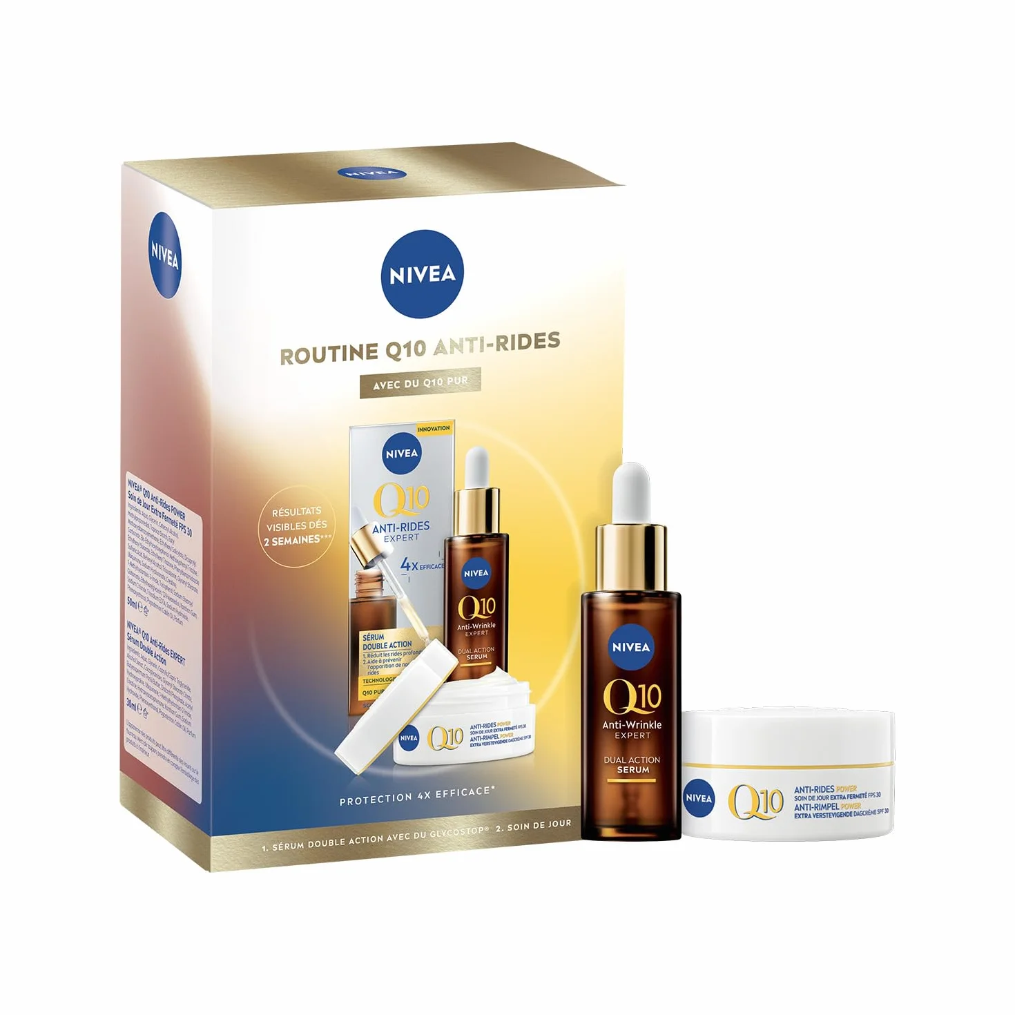 NIVEA Coffret Soin Visage Anti-Âge Q10 Anti-Rides Sérum Double Action 30 ml + Soin de Jour Anti-Rides & Fermeté 50 ml
