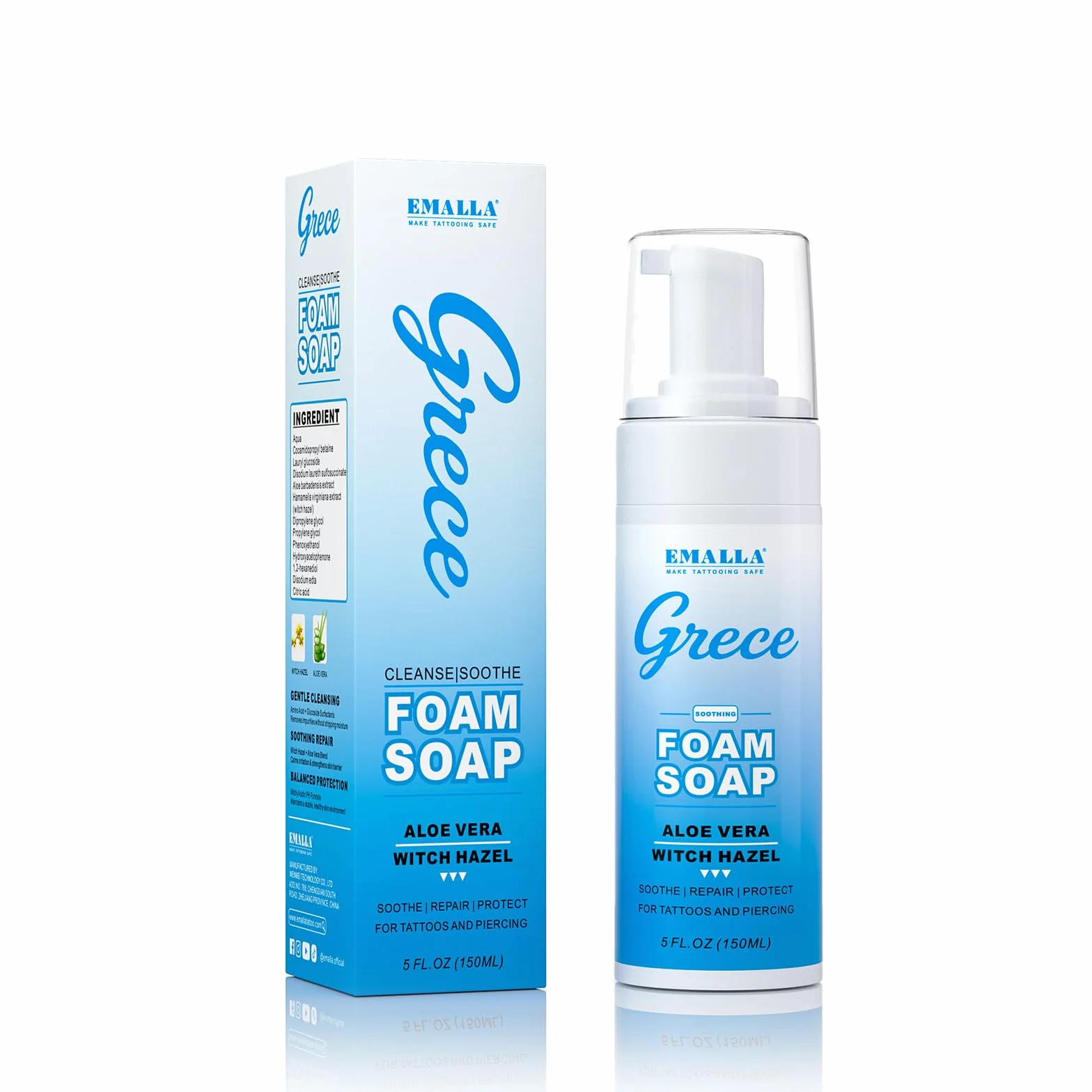 EMALLA GRECE Mousse de soin douce pour tatouage 150 ml sans savon aux extraits de plantes