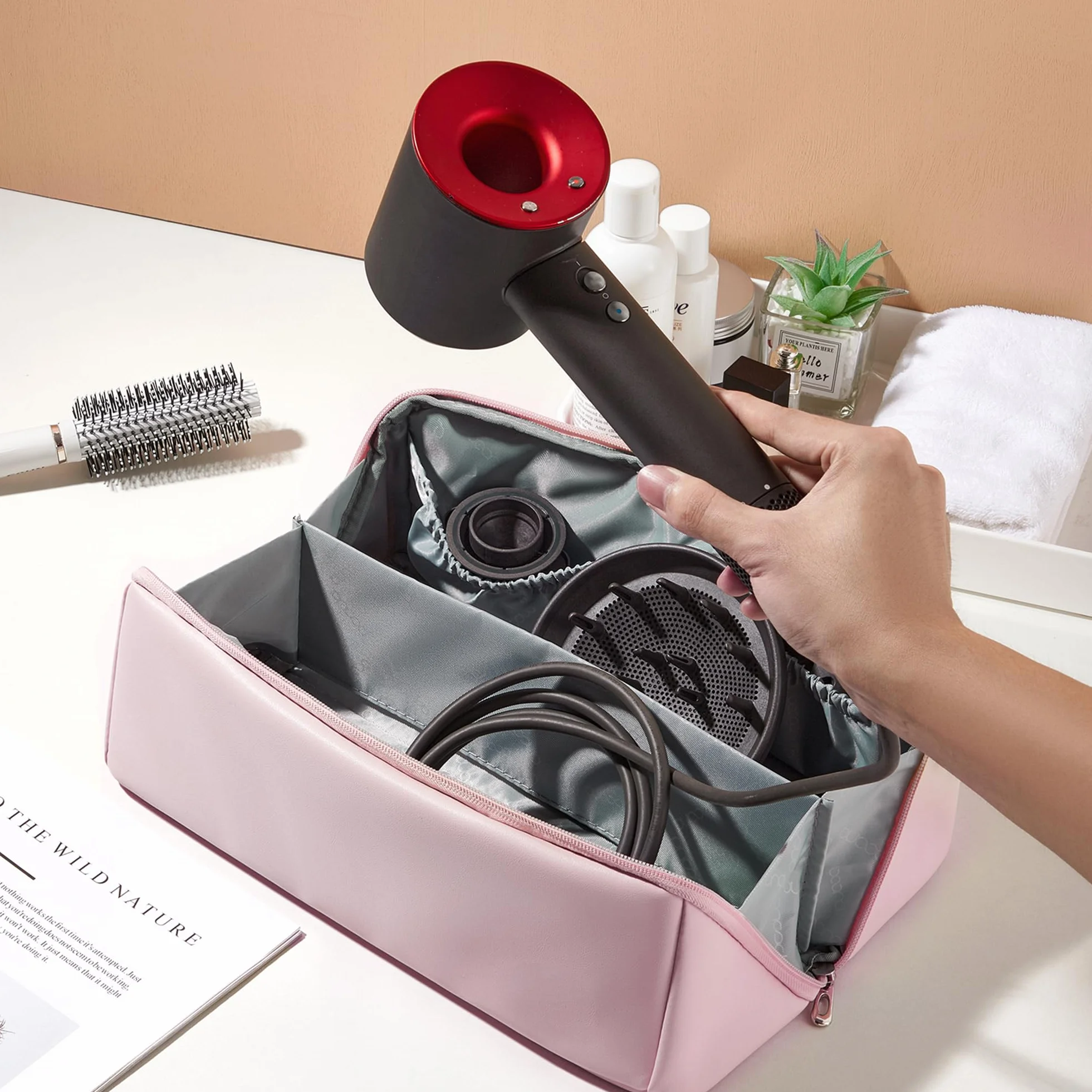 Veki Sac de Rangement Compatible avec Dyson Airwrap Styler et Shark, Étui de Transport de Voyage Portable pour Dyson Supersonic, Sac de Voyage Étanche pour Dyson Sèche-Cheveux et Accessoires (Rose)