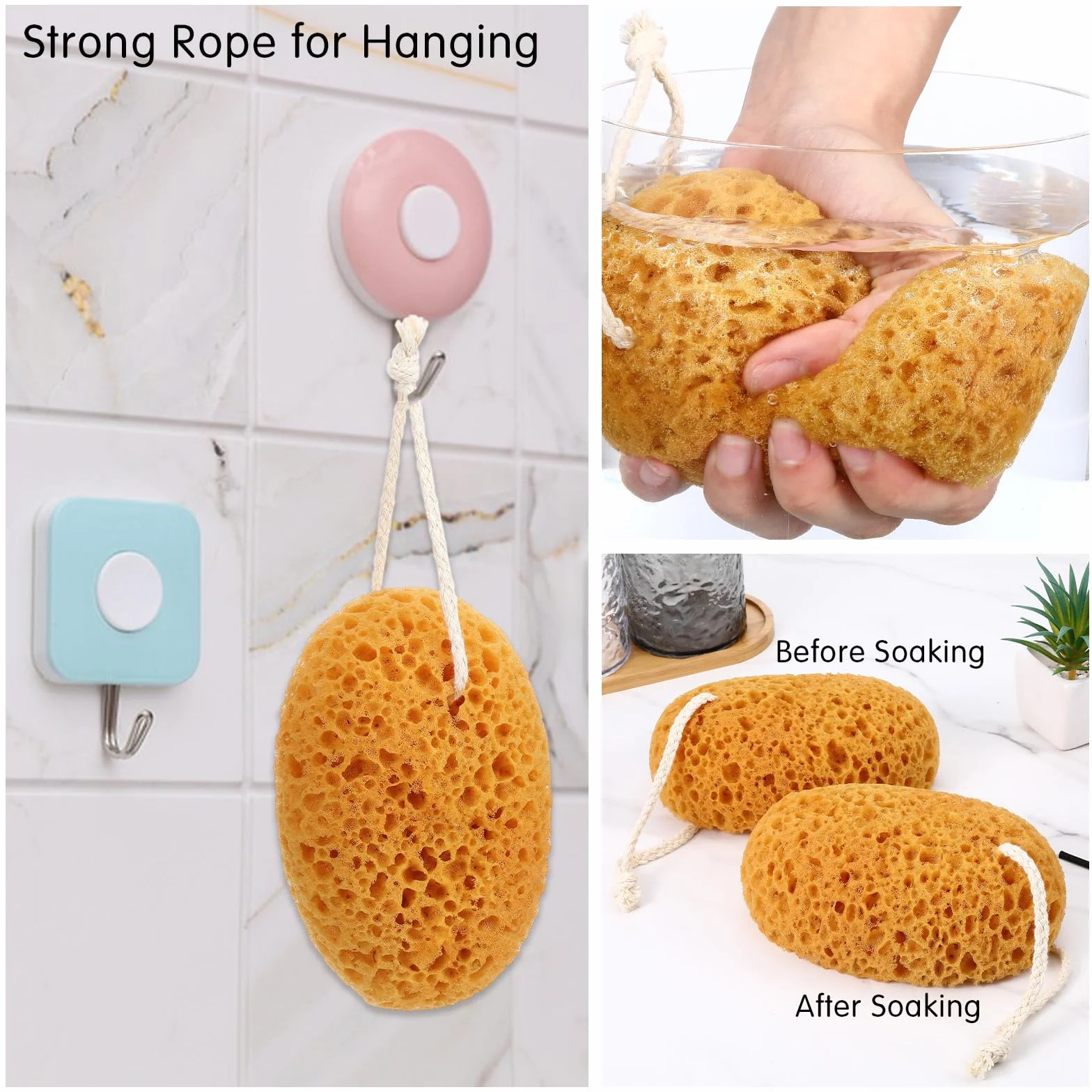 TIESOME Lot de 2 éponges de bain naturelles 15,5 cm nid d'abeille avec cordon de serrage